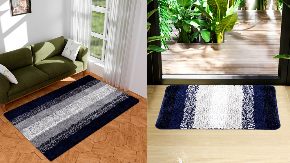 Kuber Industries Carpet | Shaggy Carpet for Living Room | Fluffy Door Mat | Blue Patta Home Decor Carpet &amp; Door Mat Combo | Floor Carpet Rug &amp; Door Mat Set | Set of 2 | Gray