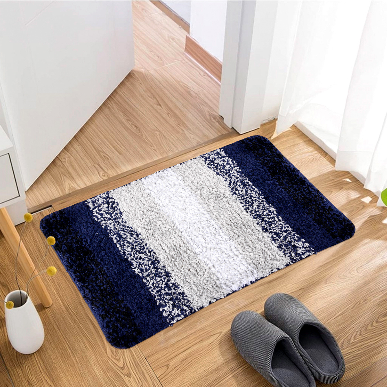 Kuber Industries Carpet | Shaggy Carpet for Living Room | Fluffy Door Mat | Blue Patta Home Decor Carpet & Door Mat Combo | Floor Carpet Rug & Door Mat Set | Set of 2 | Gray