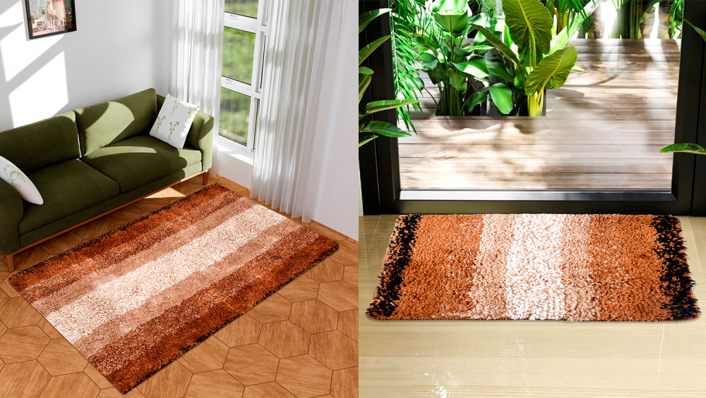 Kuber Industries Carpet | Shaggy Carpet for Living Room | Fluffy Door Mat | Golden Patta Home Decor Carpet &amp; Door Mat Combo | Floor Carpet Rug &amp; Door Mat Set | Set of 2 | Cream
