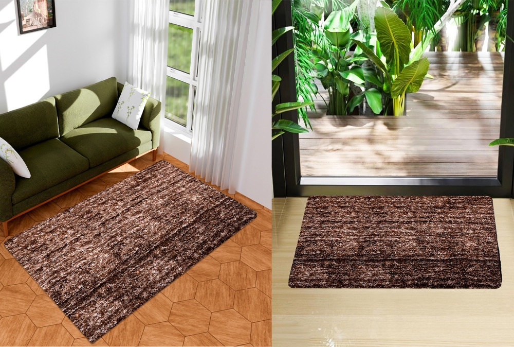 Kuber Industries Carpet | Shaggy Carpet for Living Room | Fluffy Door Mat | Lexus Home Decor Carpet &amp; Door Mat Combo | Floor Carpet Rug &amp; Door Mat Set | Set of 2 | Brown