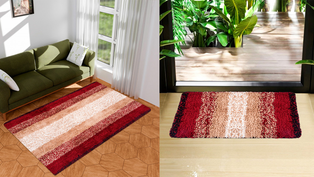 Kuber Industries Carpet | Shaggy Carpet for Living Room | Fluffy Door Mat | Maroon Patta Home Decor Carpet &amp; Door Mat Combo | Floor Carpet Rug &amp; Door Mat Set | Set of 2 | Cream