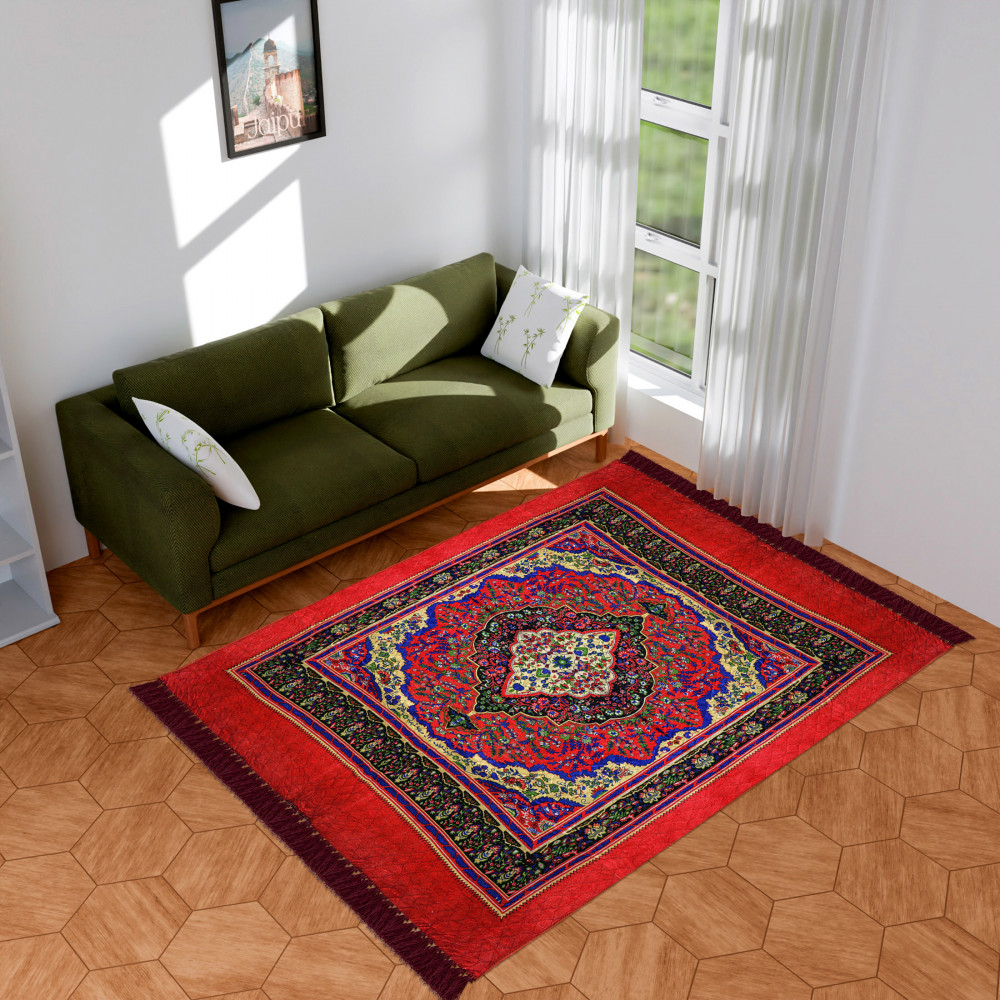 Image of Carpet | Velvet Carpet-Rug for Home Décor | Carpet Rug for Bedroom | Printed Carpet for Living Room | Prayer-Yoga Mat | Carpet for Hall | 6.5x7.5 Ft | Red