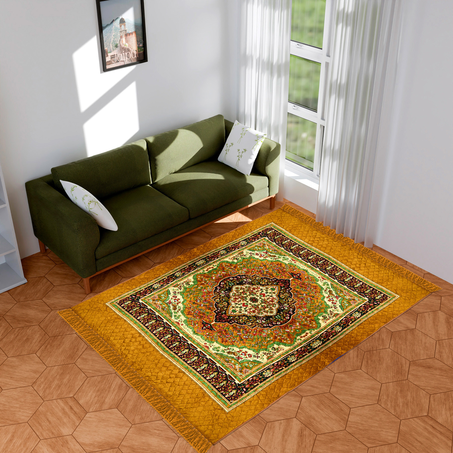 Kuber Industries Carpet | Velvet Carpet-Rug for Home Décor | Carpet Rug for Bedroom | Printed Carpet for Living Room | Prayer-Yoga Mat | Carpet for Hall | 6.5x7.5 Ft | Golden
