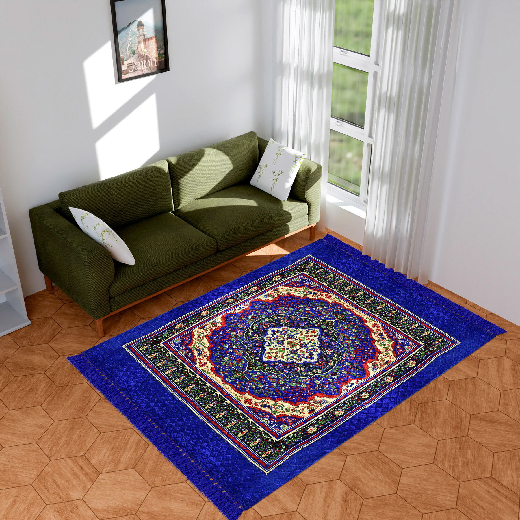 Kuber Industries Carpet | Velvet Carpet-Rug for Home Décor | Carpet Rug for Bedroom | Printed Carpet for Living Room | Prayer-Yoga Mat | Carpet for Hall | 6.5x7.5 Ft | Blue