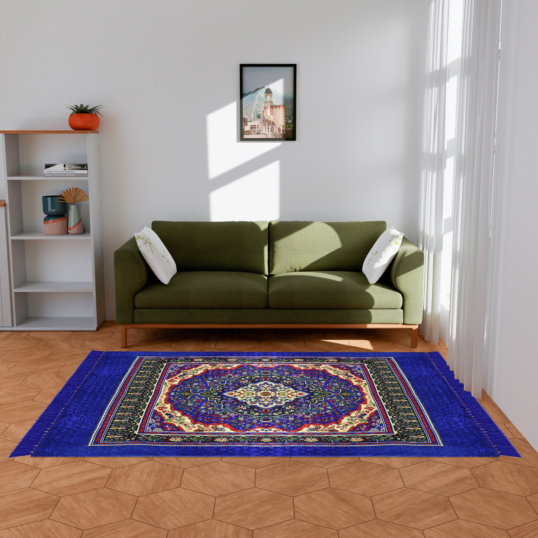 Kuber Industries Carpet | Velvet Carpet-Rug for Home Décor | Carpet Rug for Bedroom | Printed Carpet for Living Room | Prayer-Yoga Mat | Carpet for Hall | 6.5x7.5 Ft | Blue