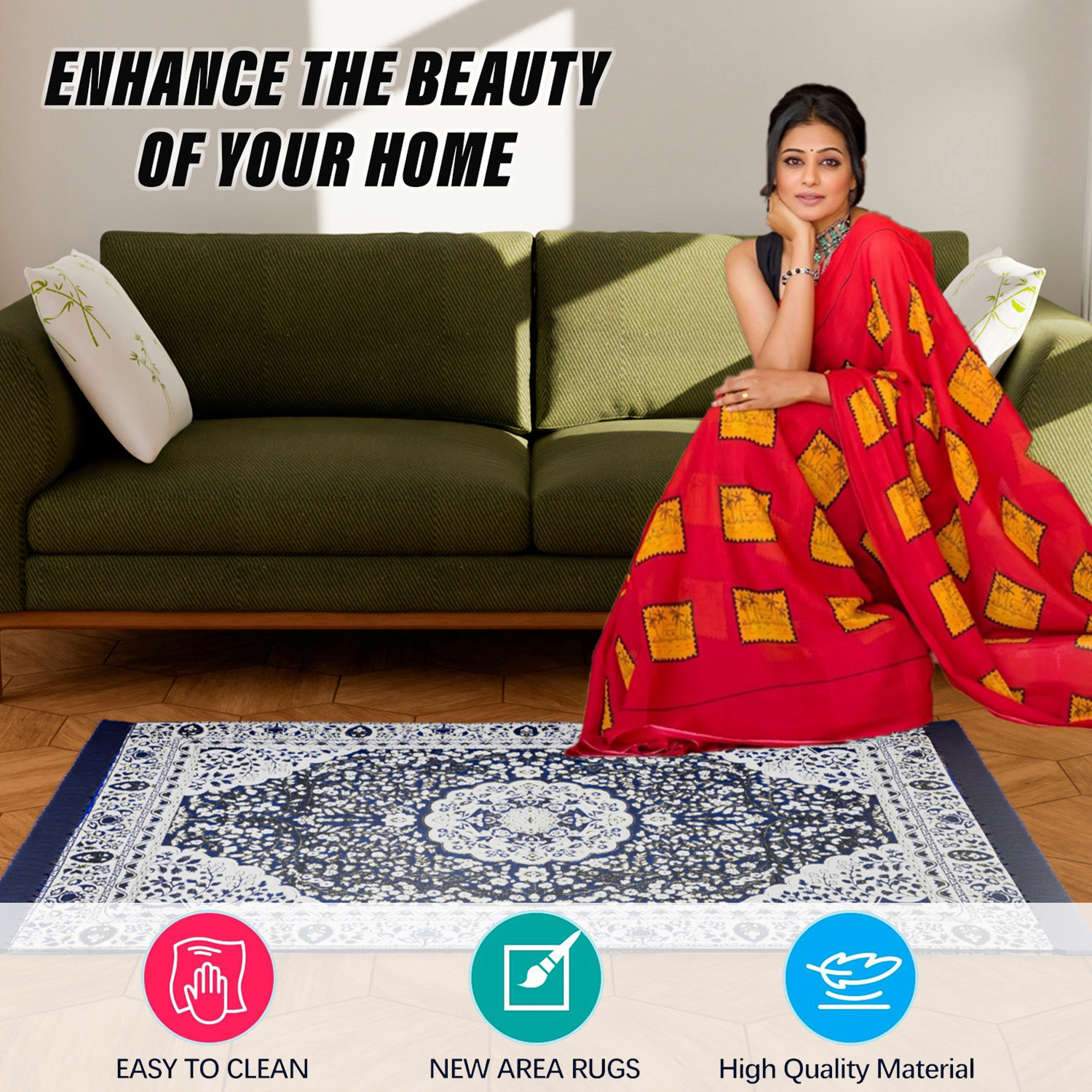 Kuber Industries Carpet  Velvet Flower Design Carpet  Super Soft Area Rugs  Carpet for Living room  Comfortable Prayer Mat  Carpet for Hall  45x3 Feet  Blue