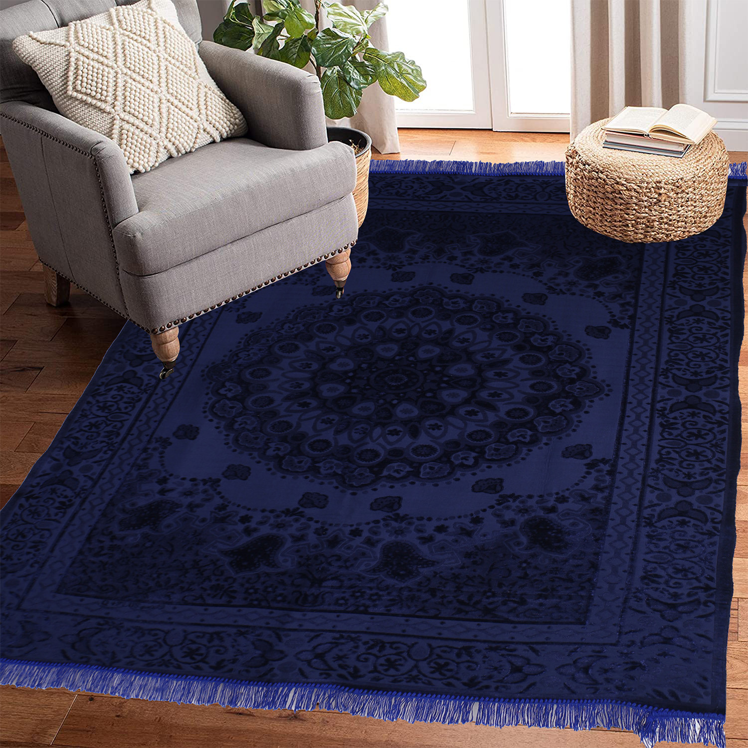 Kuber Industries Carpet|Water Absorption Embossed Floral Pattern Floor Mat|Velvet Sitting Carpet for Hall, Living Room, 5x7 Feet (Dark Blue)