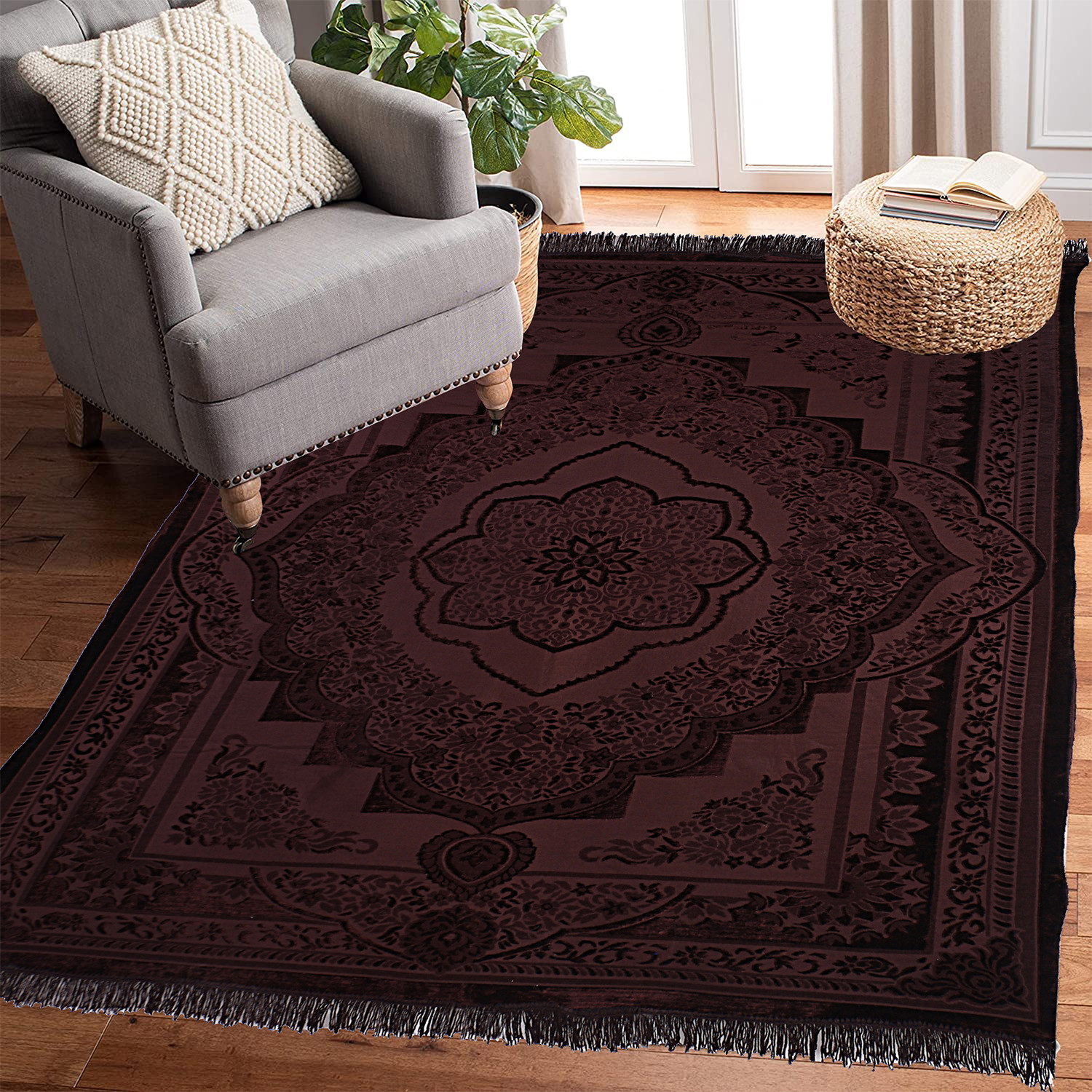 Kuber Industries Carpet|Water Absorption Embossed Floral Pattern Floor Mat|Velvet Sitting Carpet for Hall, Living Room, 5x7 Feet (Brown)