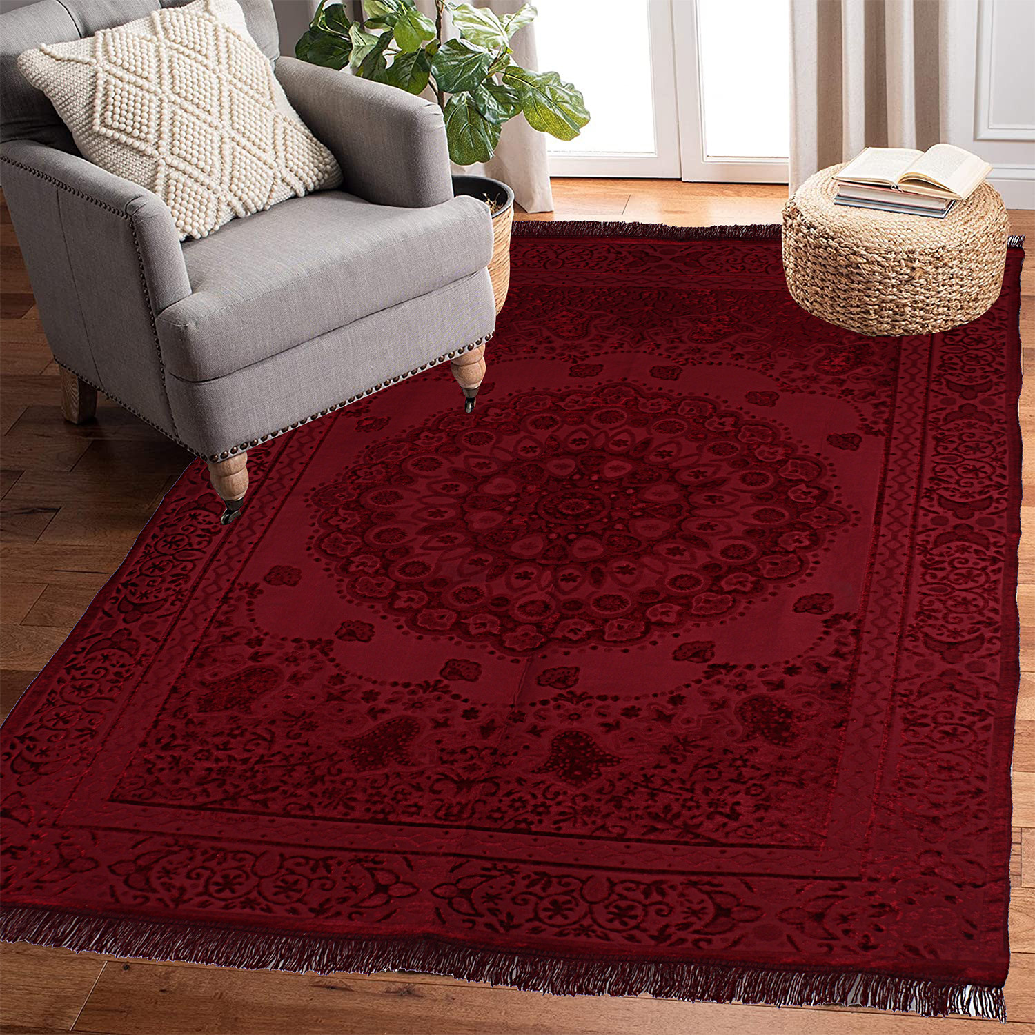 Kuber Industries Carpet|Water Absorption Embossed Floral Pattern Floor Mat|Velvet Sitting Carpet for Hall, Living Room, 5x7 Feet (Maroon)