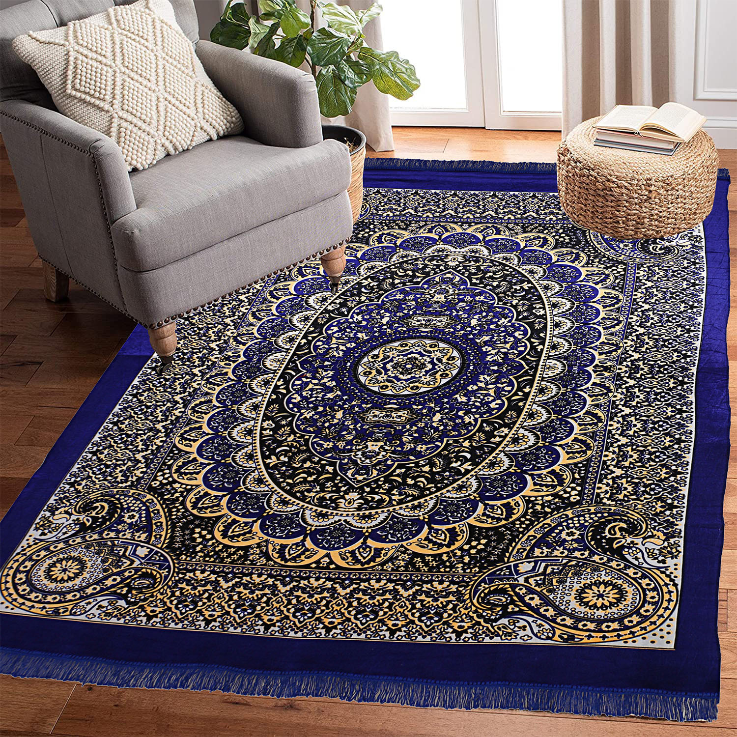 Kuber Industries Carpet|Water Absorption Kalamkari Paisley Pattern Floor Mat|Velvet Sitting Carpet for Hall, Living Room, 5x7 Feet (Navy Blue)