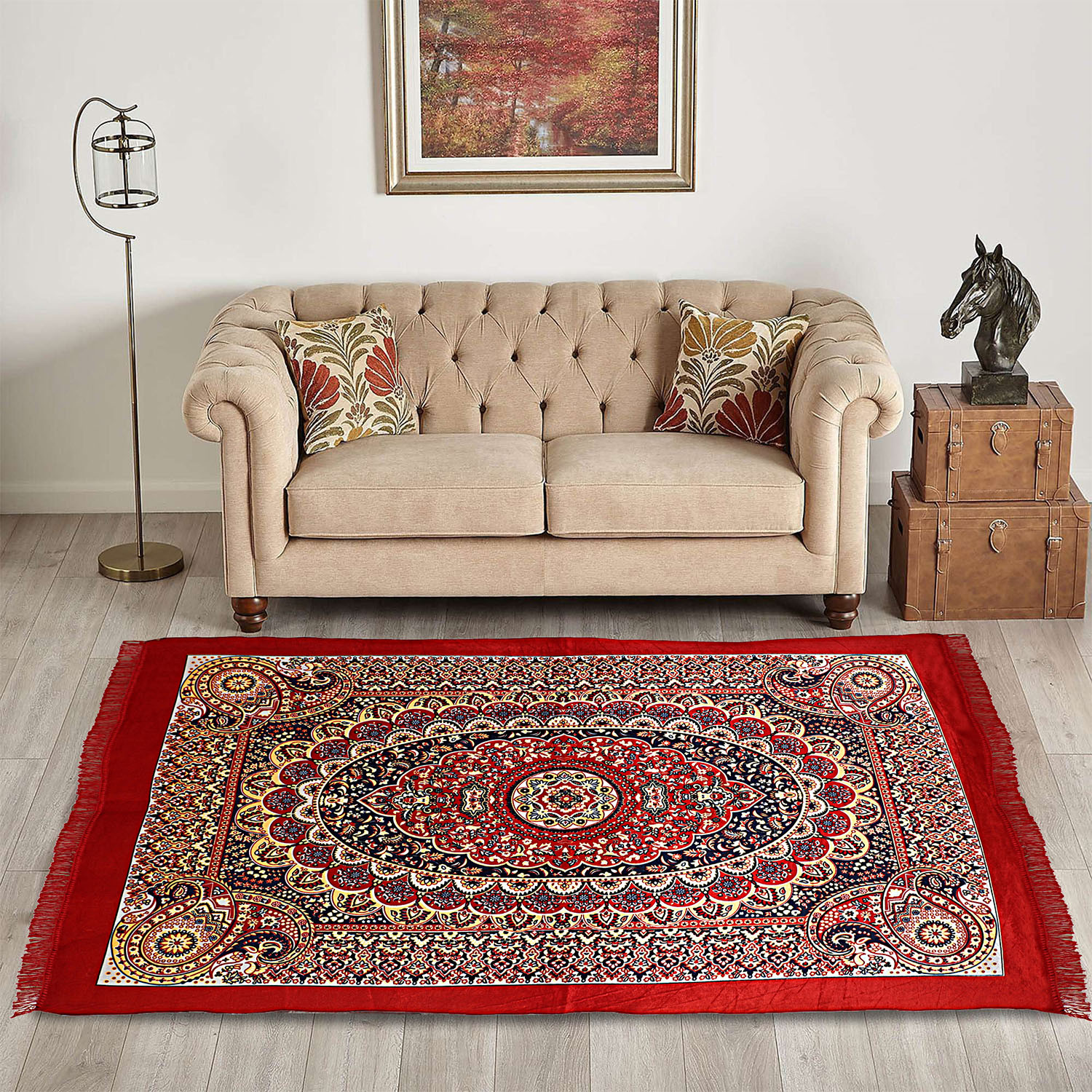 Kuber Industries CarpetWater Absorption Kalamkari Paisley Pattern Floor MatVelvet Sitting Carpet for Hall Living Room 5x7 Feet Red