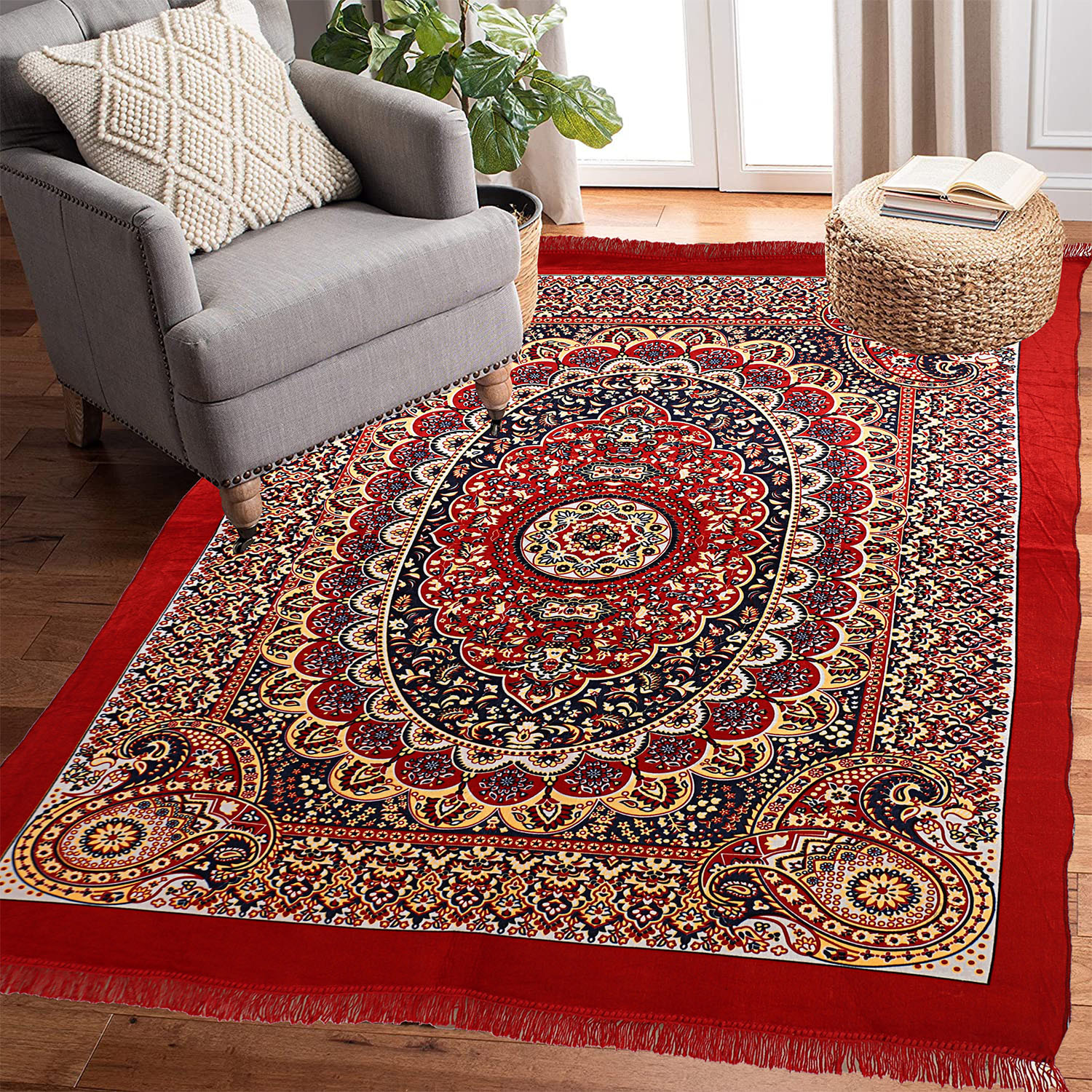 Kuber Industries CarpetWater Absorption Kalamkari Paisley Pattern Floor MatVelvet Sitting Carpet for Hall Living Room 5x7 Feet Red