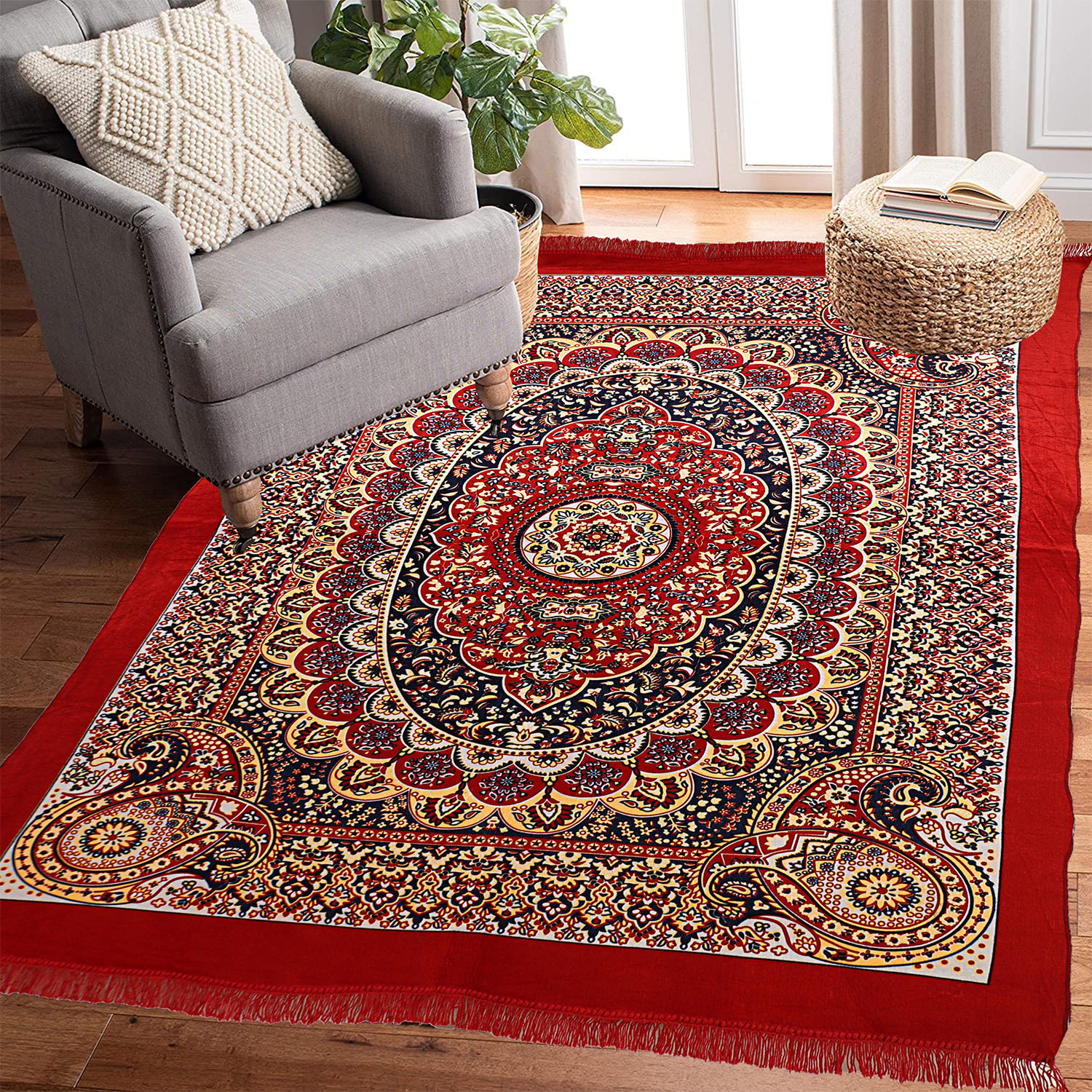 Kuber Industries Carpet|Water Absorption Kalamkari Paisley Pattern Floor Mat|Velvet Sitting Carpet for Hall, Living Room, 5x7 Feet (Red)