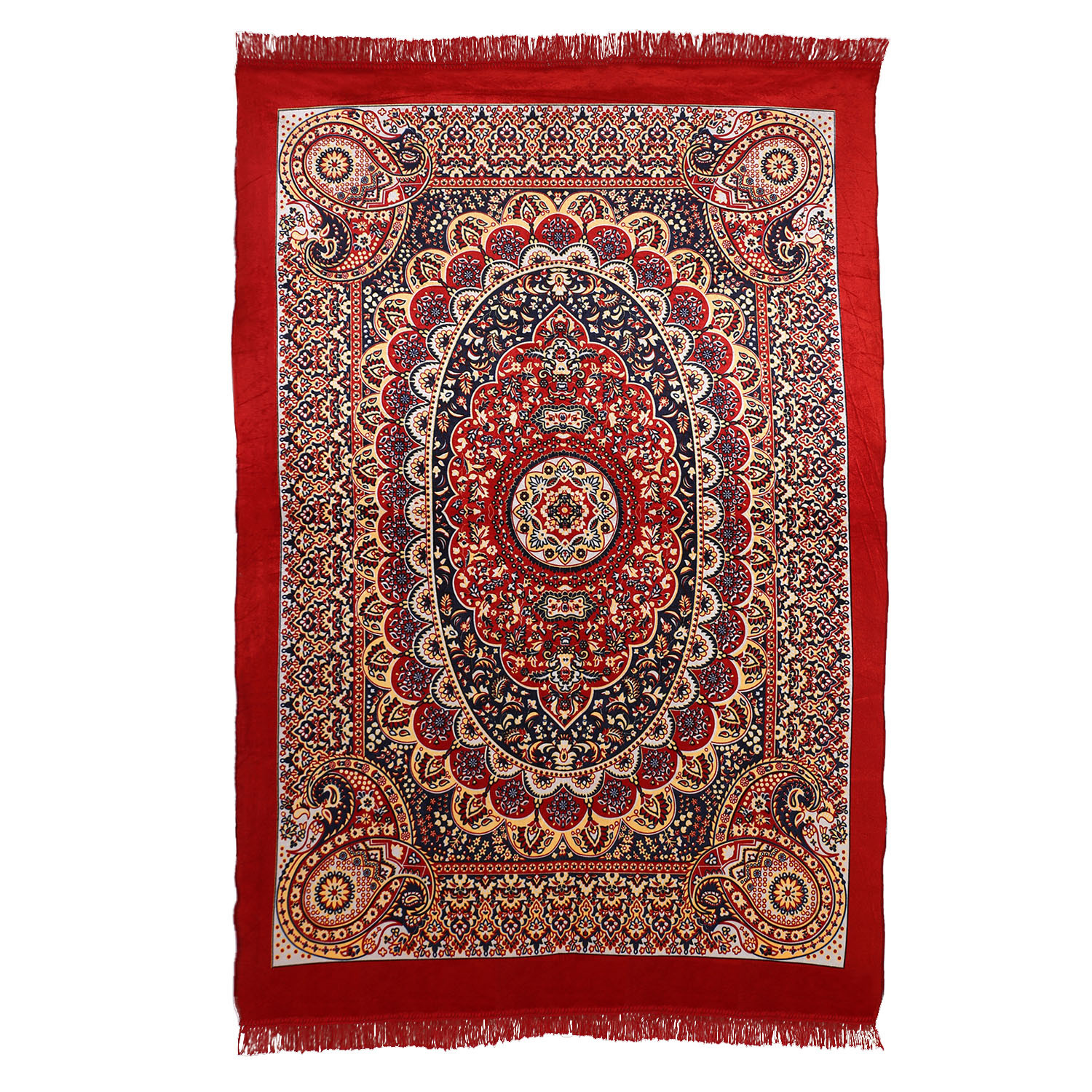 Kuber Industries CarpetWater Absorption Kalamkari Paisley Pattern Floor MatVelvet Sitting Carpet for Hall Living Room 5x7 Feet Red