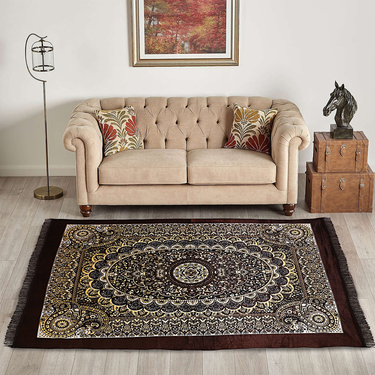 Kuber Industries Carpet|Water Absorption Kalamkari Paisley Pattern Floor Mat|Velvet Sitting Carpet for Hall, Living Room, 5x7 Feet (Brown)
