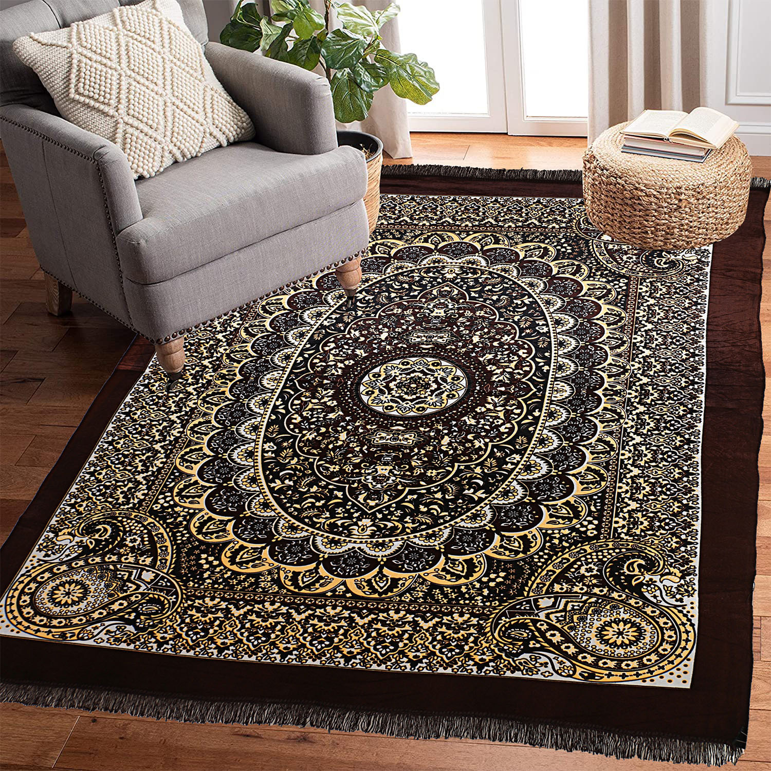 Kuber Industries Carpet|Water Absorption Kalamkari Paisley Pattern Floor Mat|Velvet Sitting Carpet for Hall, Living Room, 5x7 Feet (Brown)