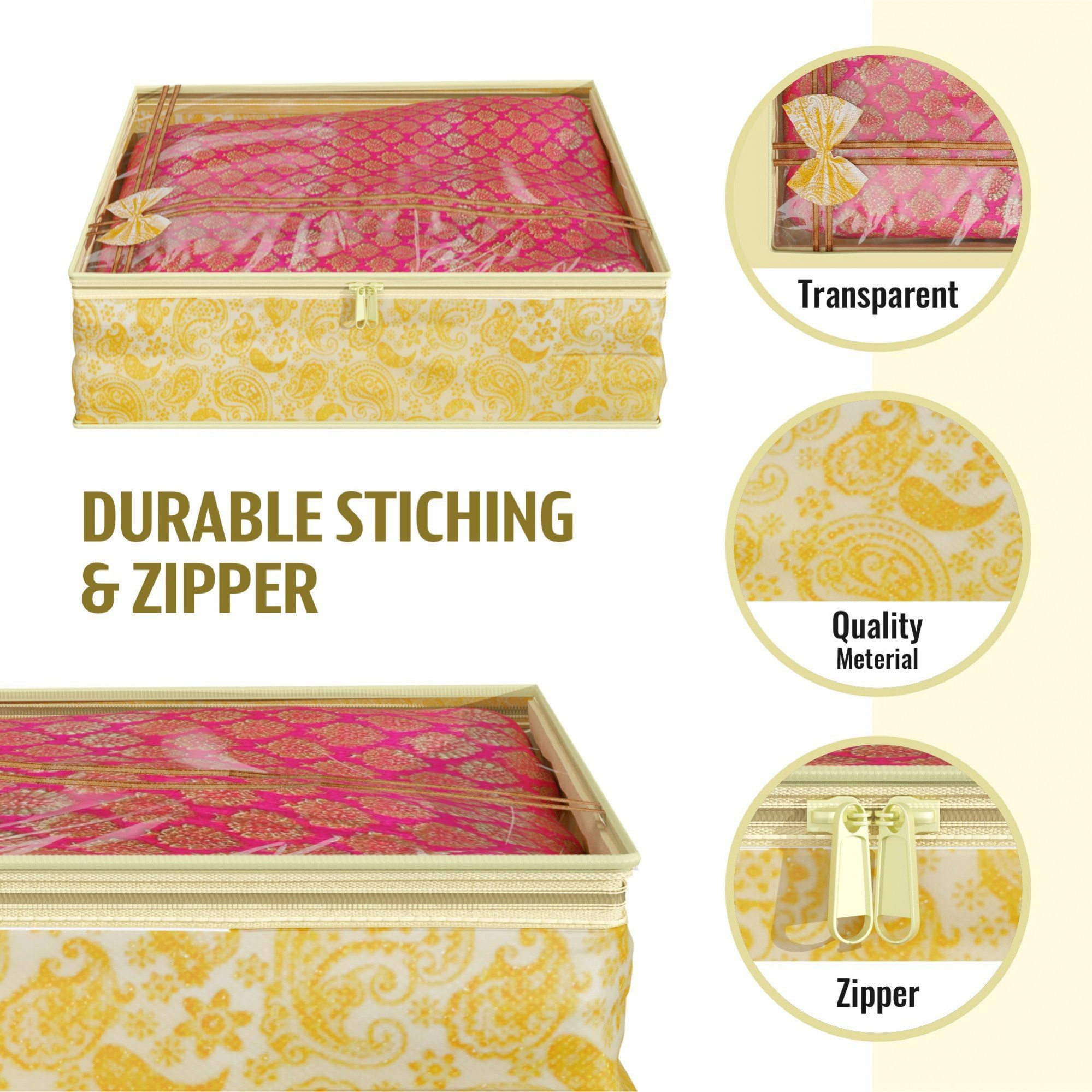Kuber Industries Carry Design 3inch Tranasparent Non Woven Single Saree Cover- Pack of 8 Gold-HS38KUBMART21588