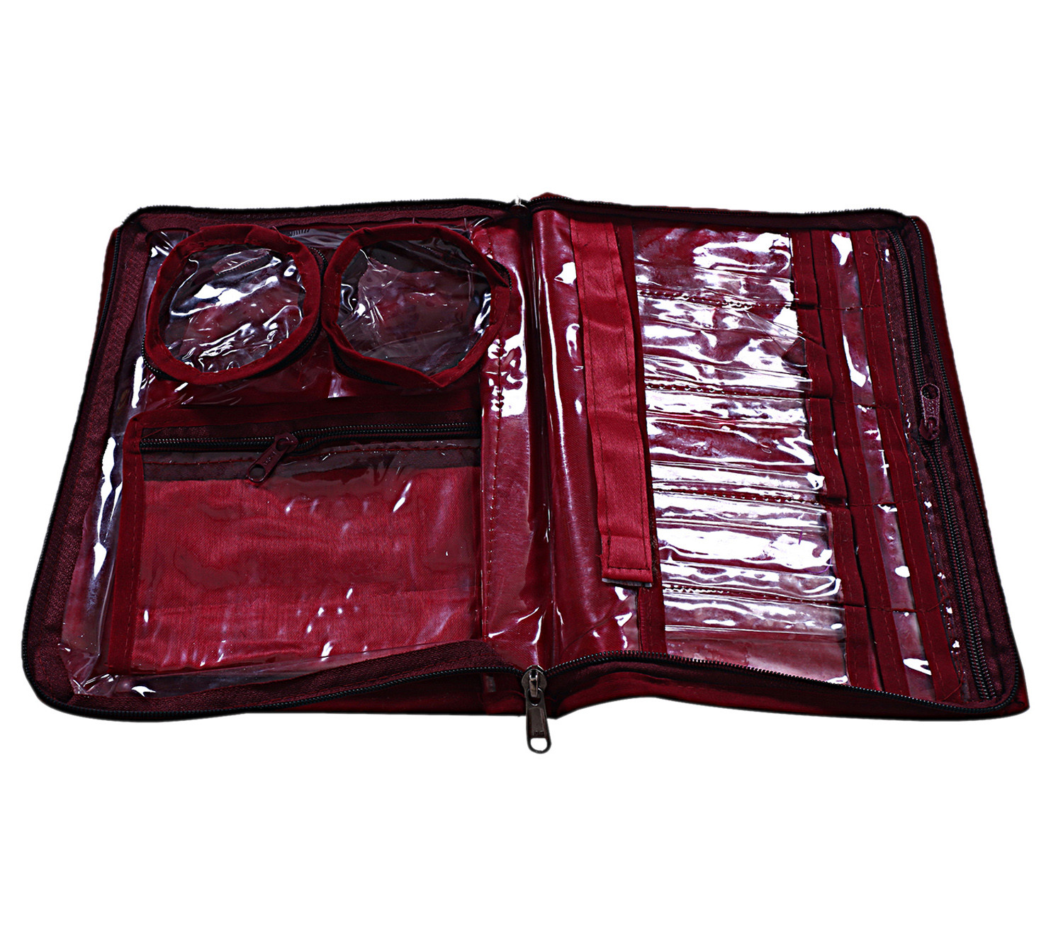 Kuber Industries Carry Print PVC Laminated Portable Jewellery Organizer With 4 Pouches & 2 Bangle Pouches For Home and Travel (Maroon)