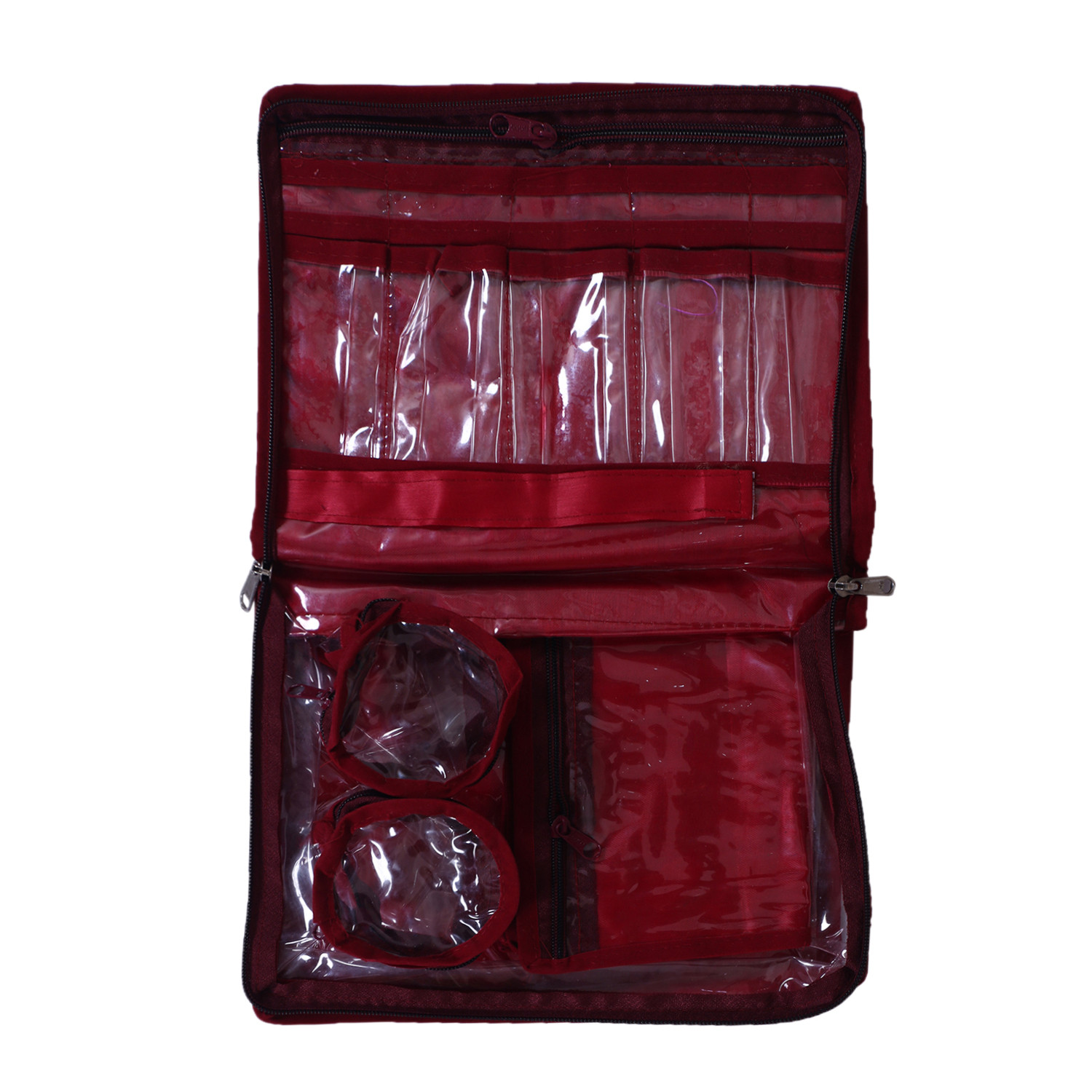 Kuber Industries Carry Print PVC Laminated Portable Jewellery Organizer With 4 Pouches & 2 Bangle Pouches For Home and Travel (Maroon)