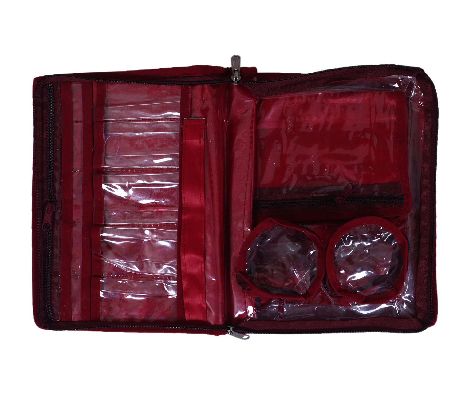Kuber Industries Carry Print PVC Laminated Portable Jewellery Organizer With 4 Pouches & 2 Bangle Pouches For Home and Travel (Maroon)