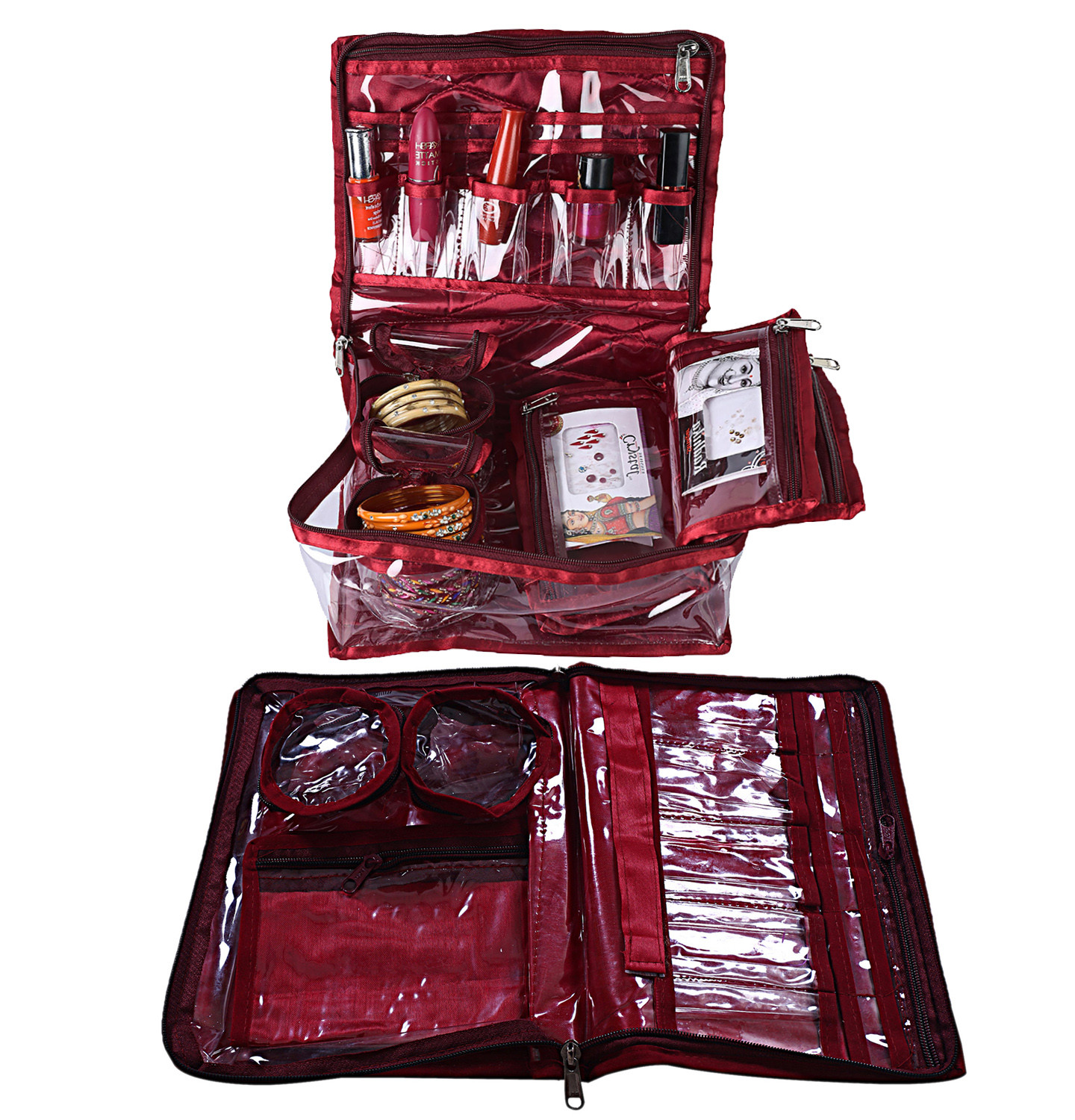 Kuber Industries Carry Print PVC Laminated Portable Jewellery Organizer With 4 Pouches & 2 Bangle Pouches For Home and Travel (Maroon)
