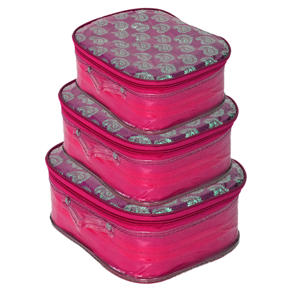 Kuber Industries Carry Printed Multiuses Laminated PVC Makeup/Jewellery/Cosmetic Organizer Bag, Travel Toiletry Pouch, Set of 3 (Pink)
