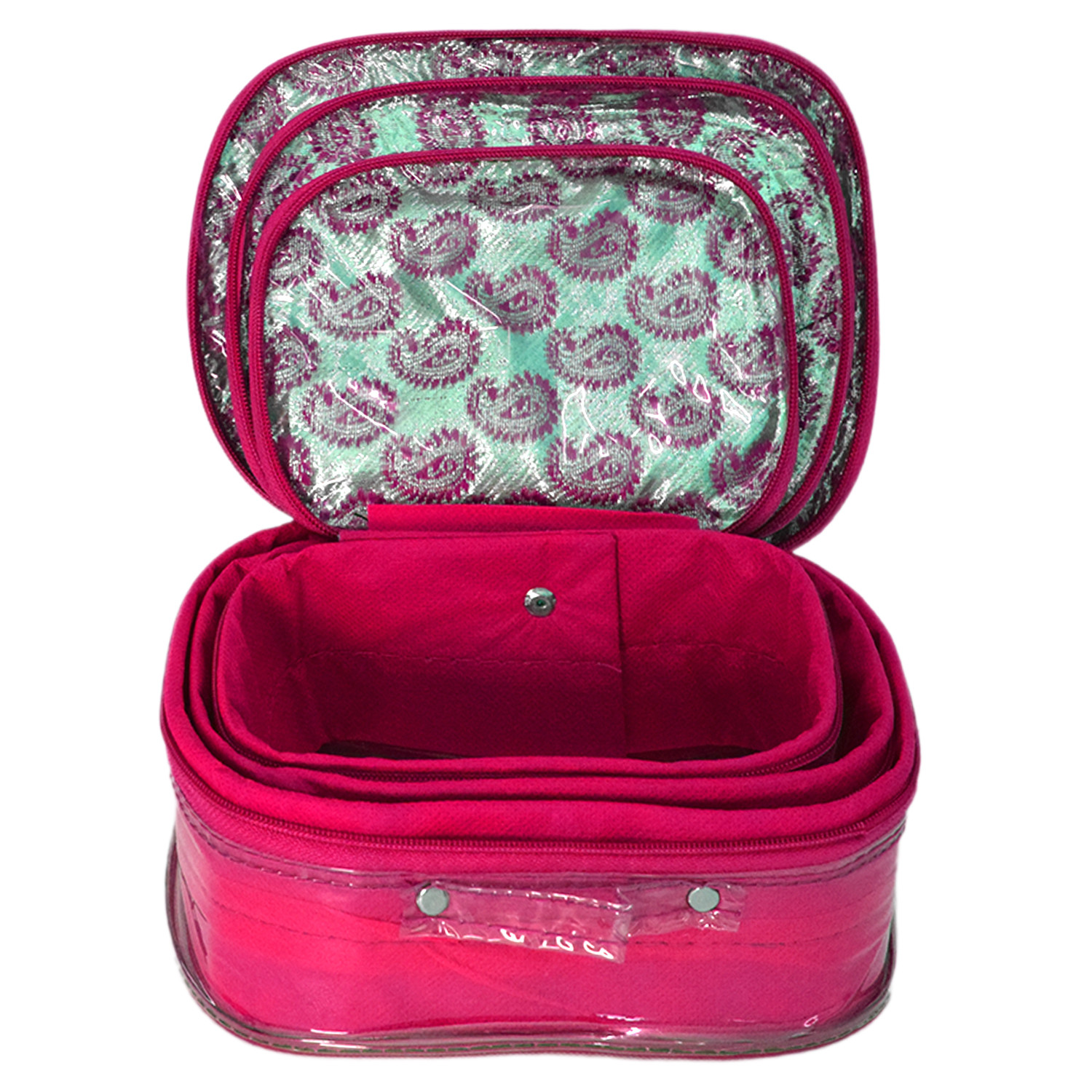 Kuber Industries Carry Printed Multiuses Laminated PVC Makeup/Jewellery/Cosmetic Organizer Bag, Travel Toiletry Pouch, Set of 3 (Pink)