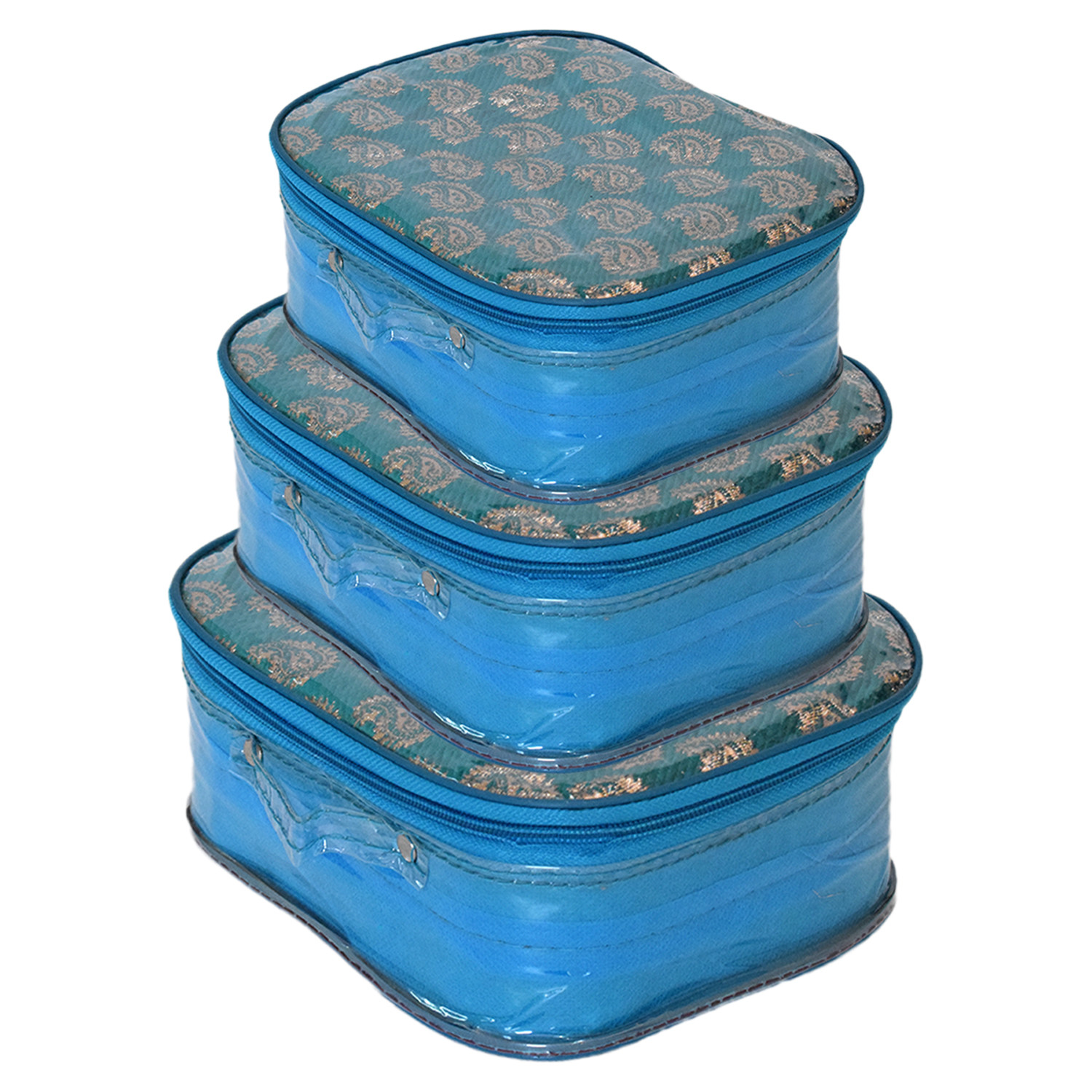 Kuber Industries Carry Printed Multiuses Laminated PVC Makeup/Jewellery/Cosmetic Organizer Bag, Travel Toiletry Pouch With Tranasparent Top, Set of 3 (Blue)
