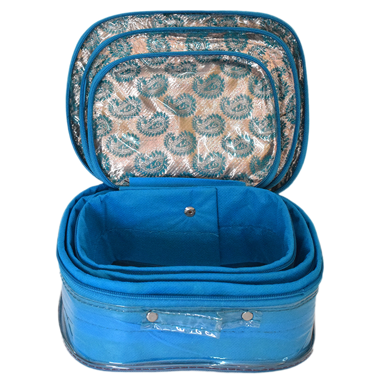 Kuber Industries Carry Printed Multiuses Laminated PVC Makeup/Jewellery/Cosmetic Organizer Bag, Travel Toiletry Pouch With Tranasparent Top, Set of 3 (Blue)