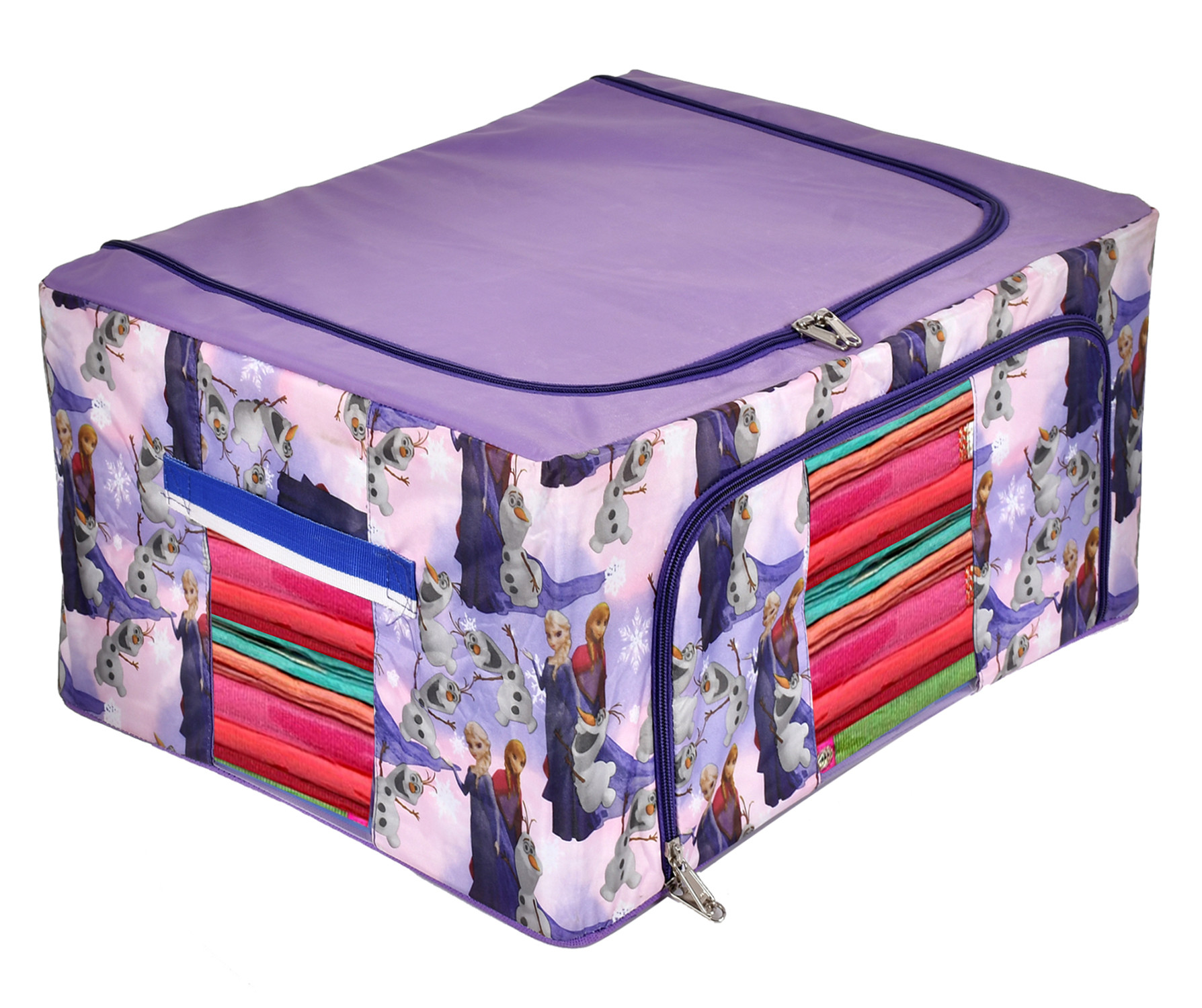 Kuber Industries Cartoon Printed Steel Frame Storage Box/Organizer For Clothing, Blankets, Bedding With Clear Window, 88Ltr. (Purple)-44KM0277