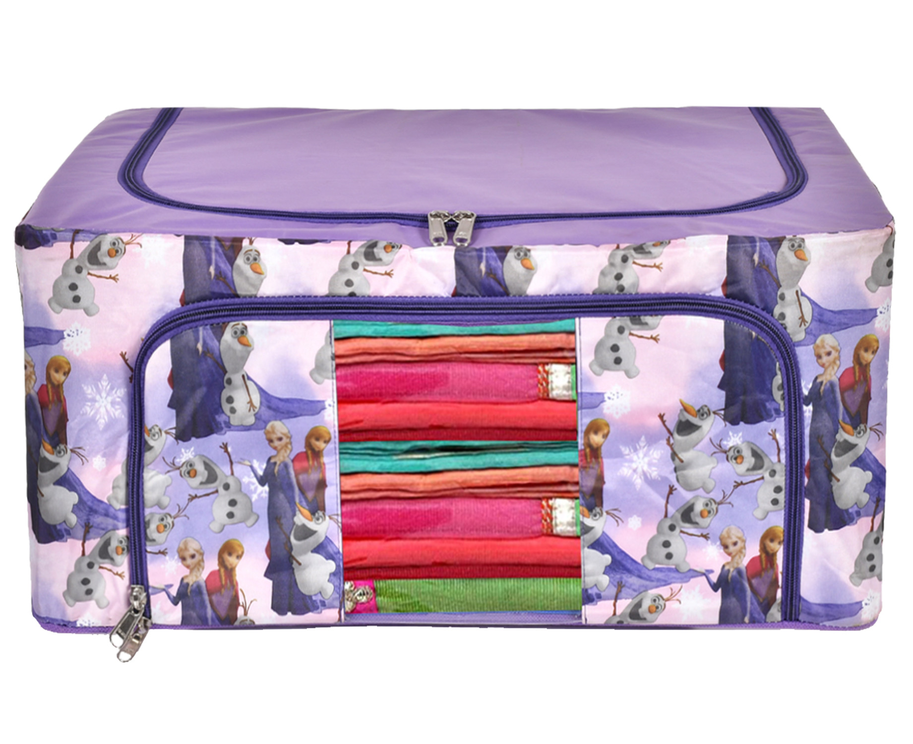 Kuber Industries Cartoon Printed Steel Frame Storage Box/Organizer For Clothing, Blankets, Bedding With Clear Window, 88Ltr. (Purple)-44KM0277