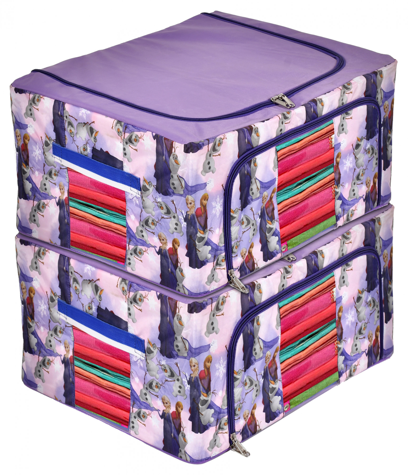 Kuber Industries Cartoon Printed Steel Frame Storage Box/Organizer For Clothing, Blankets, Bedding With Clear Window, 88Ltr. (Purple)-44KM0277