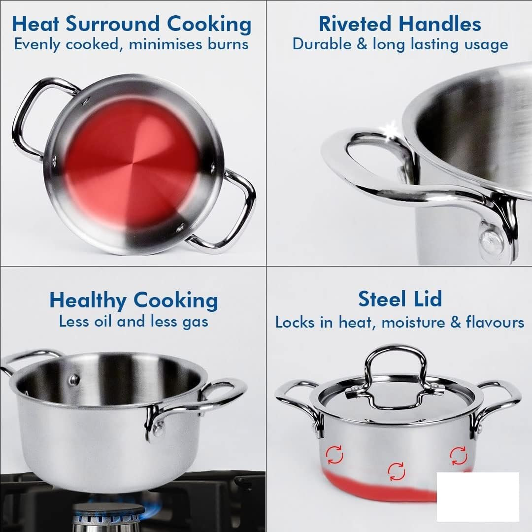 Kuber Industries Casserole | Triply Casserole With Lid | Induction Riveted Handle | Heat Surround Cooking | Stove & Induction Cookware | 4 Ltr | Silver