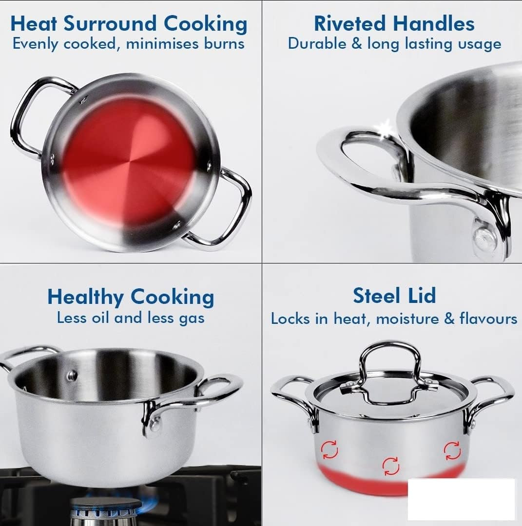Kuber Industries Casserole | Triply Casserole With Lid | Induction Riveted Handle | Heat Surround Cooking | Stove & Induction Cookware | 3 Ltr | Silver