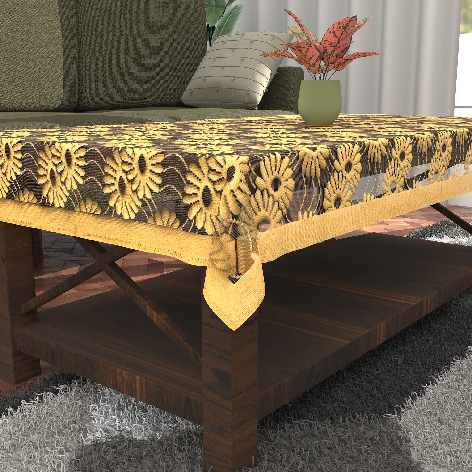 Kuber Industries Center  Dining Table Cover 4 Seater  For Teapoy Computer  Office Table ClothSheet  40x60 Inch  Sunflower Net Design -Yellow