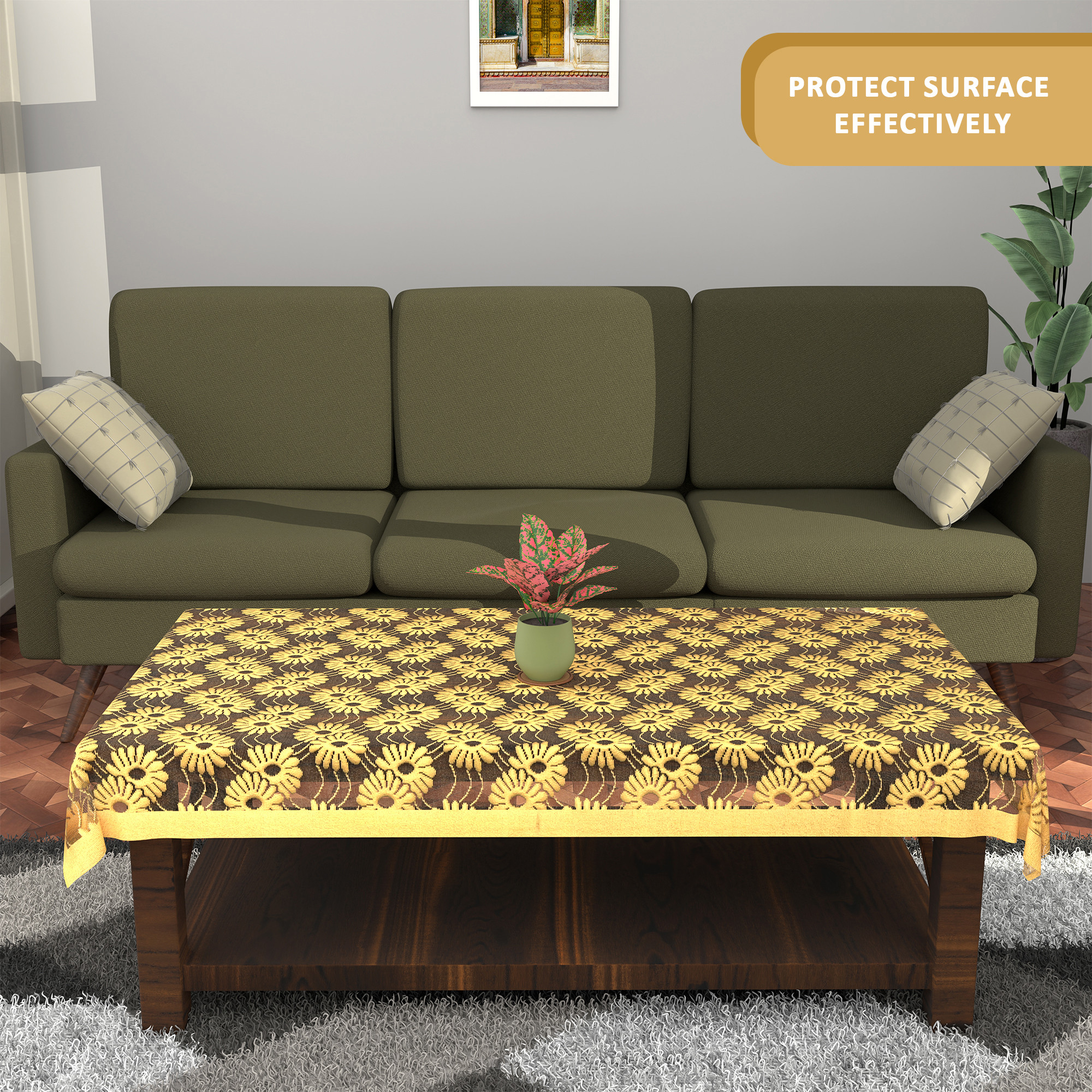Kuber Industries Center  Dining Table Cover 4 Seater  For Teapoy Computer  Office Table ClothSheet  40x60 Inch  Sunflower Net Design -Yellow