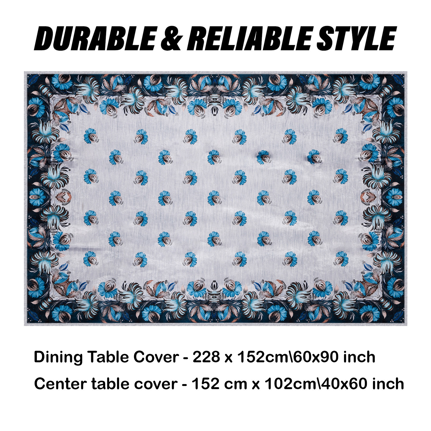 Kuber Industries Center & Dining Table Cover Set | Center & Dining Table Cover | Blue Digital Flower Table Cover | Table Protector | Table Cover for Dining & Center | Gray