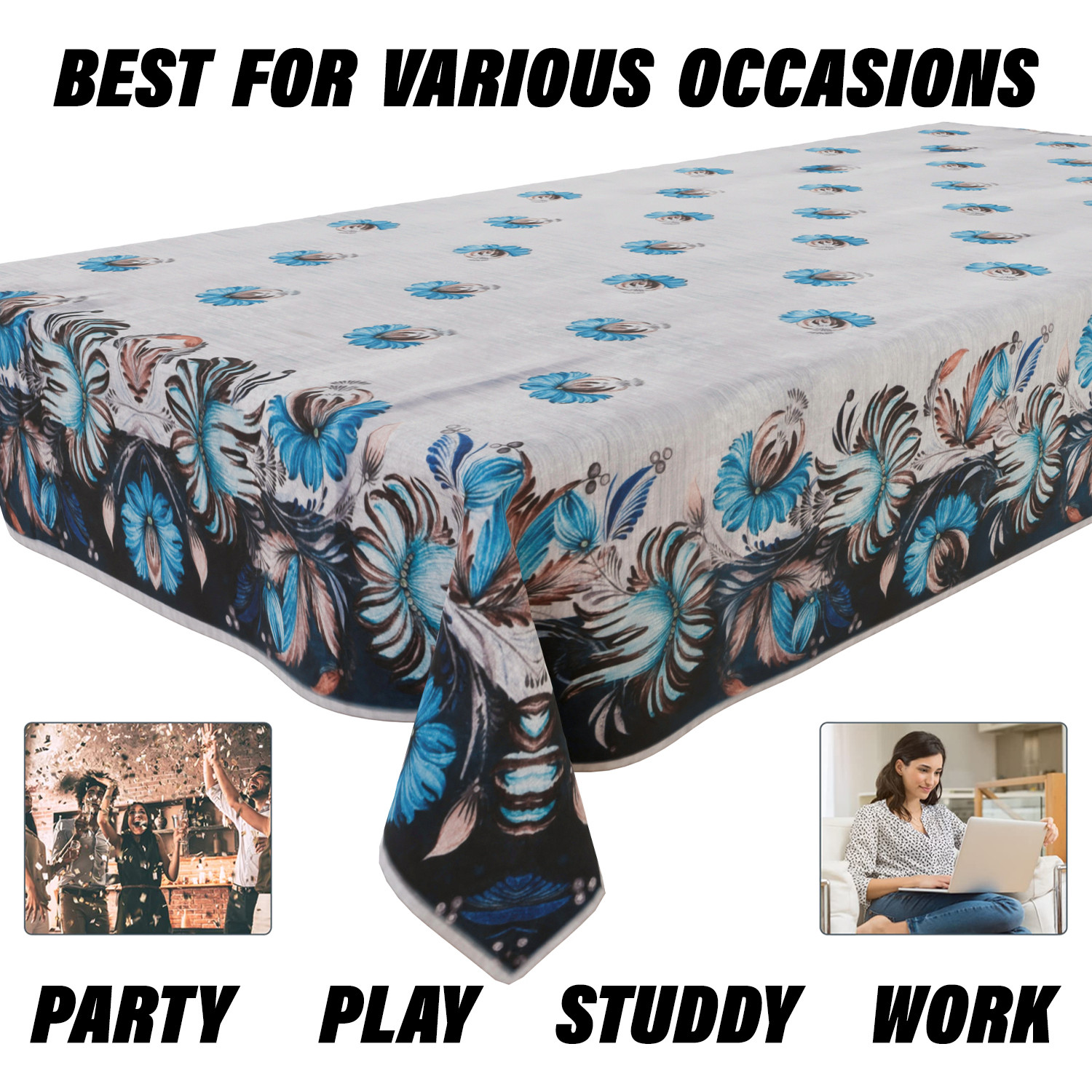 Kuber Industries Center & Dining Table Cover Set | Center & Dining Table Cover | Blue Digital Flower Table Cover | Table Protector | Table Cover for Dining & Center | Gray