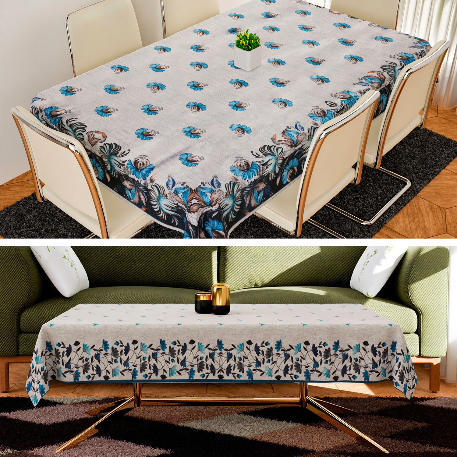 Kuber Industries Center & Dining Table Cover Set | Center & Dining Table Cover | Blue Digital Leaf Table Cover | Table Protector | Table Cover for Dining & Center | Gray
