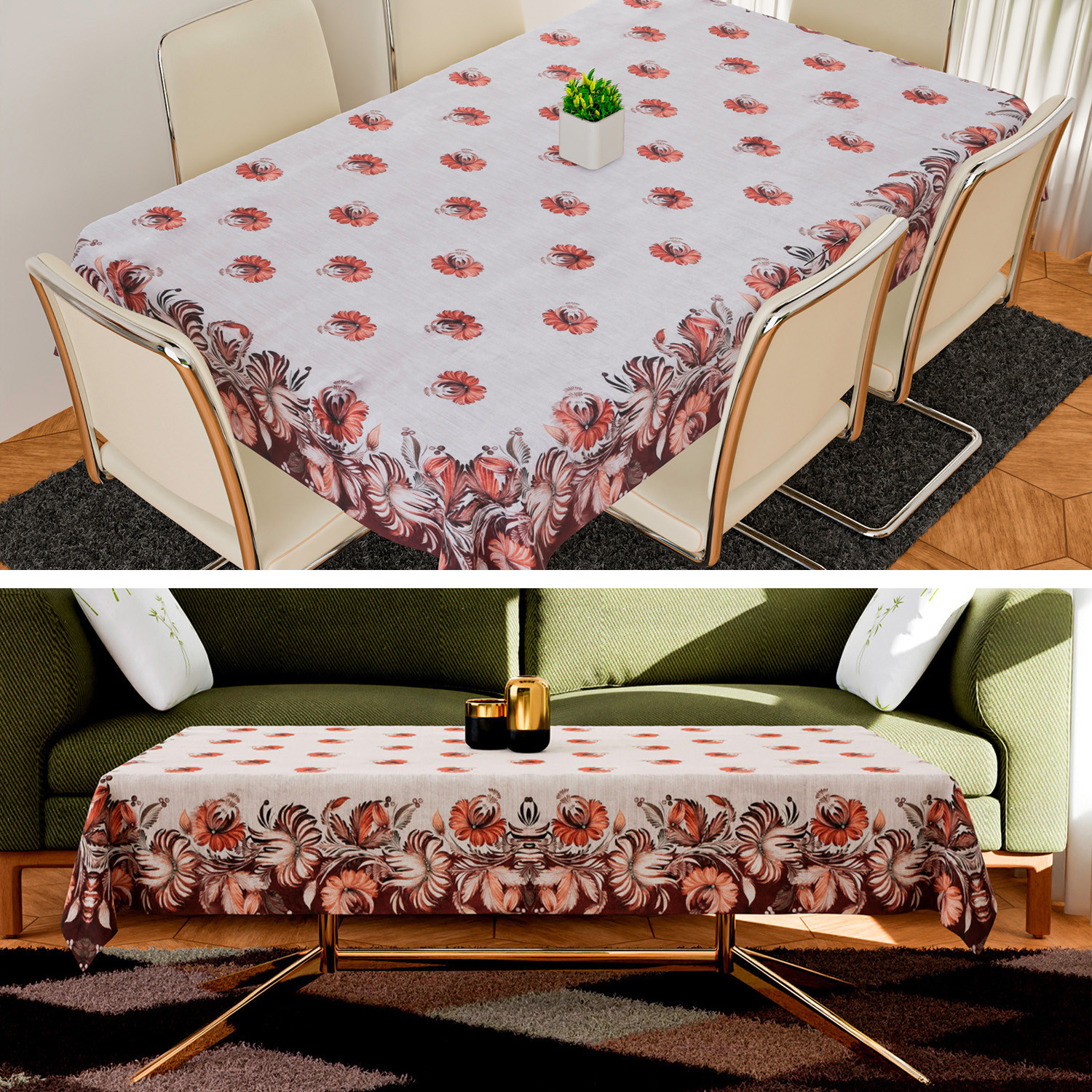 Kuber Industries Center & Dining Table Cover Set | Center & Dining Table Cover | Brown Flower Table Cover | Table Protector | Table Cover for Dining & Center | Cream