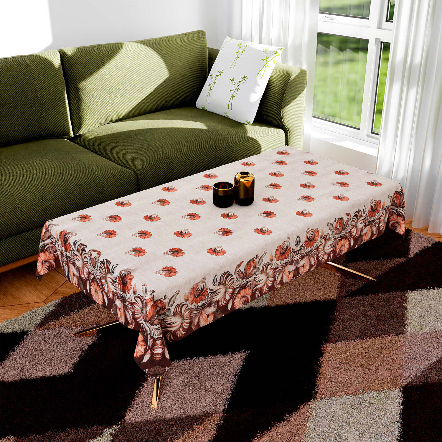 Kuber Industries Center & Dining Table Cover Set | Center & Dining Table Cover | Brown Flower Table Cover | Table Protector | Table Cover for Dining & Center | Cream