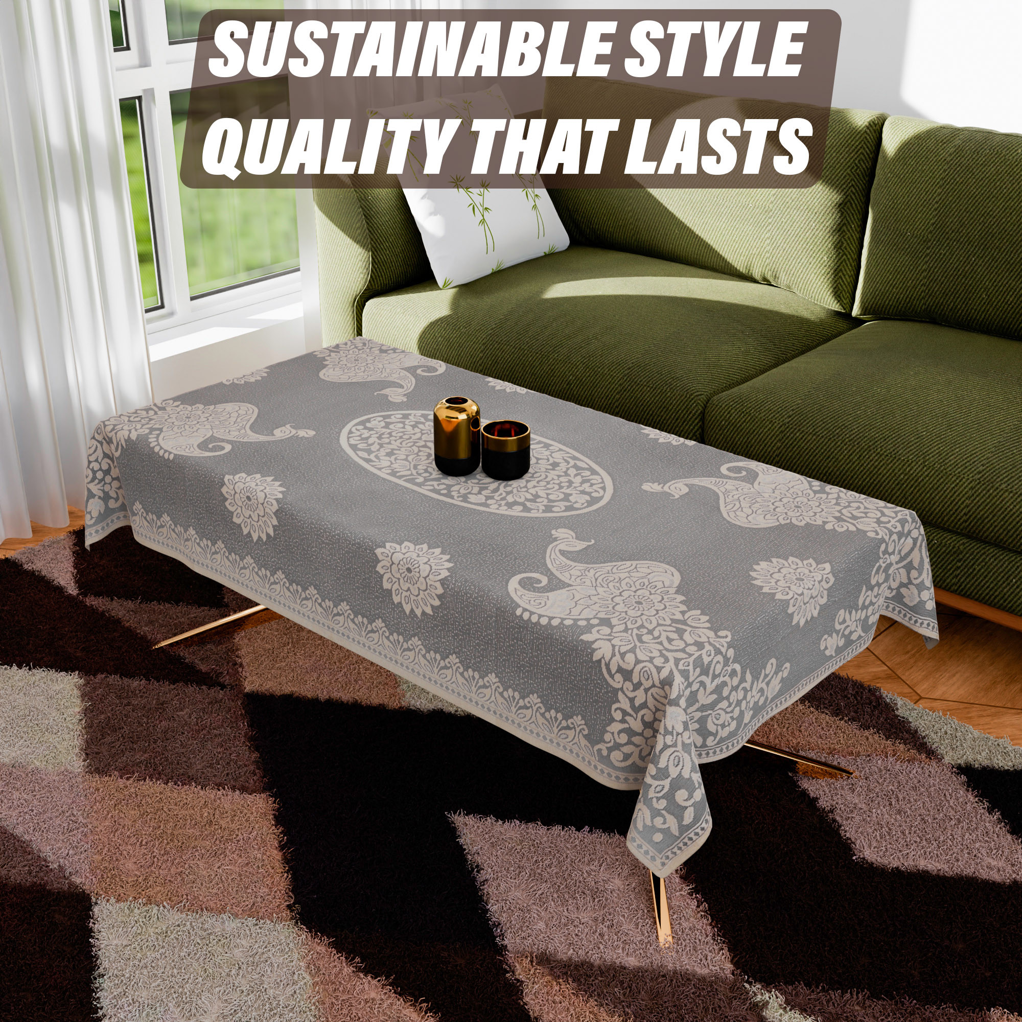Kuber Industries Center Table Cover | 4-Seater Table Cover | Net Tabletop Cover | Kitchen Table Cloth | Table Protector Cover | Peacock-Design | 40x60 Inch | CTC | Brown