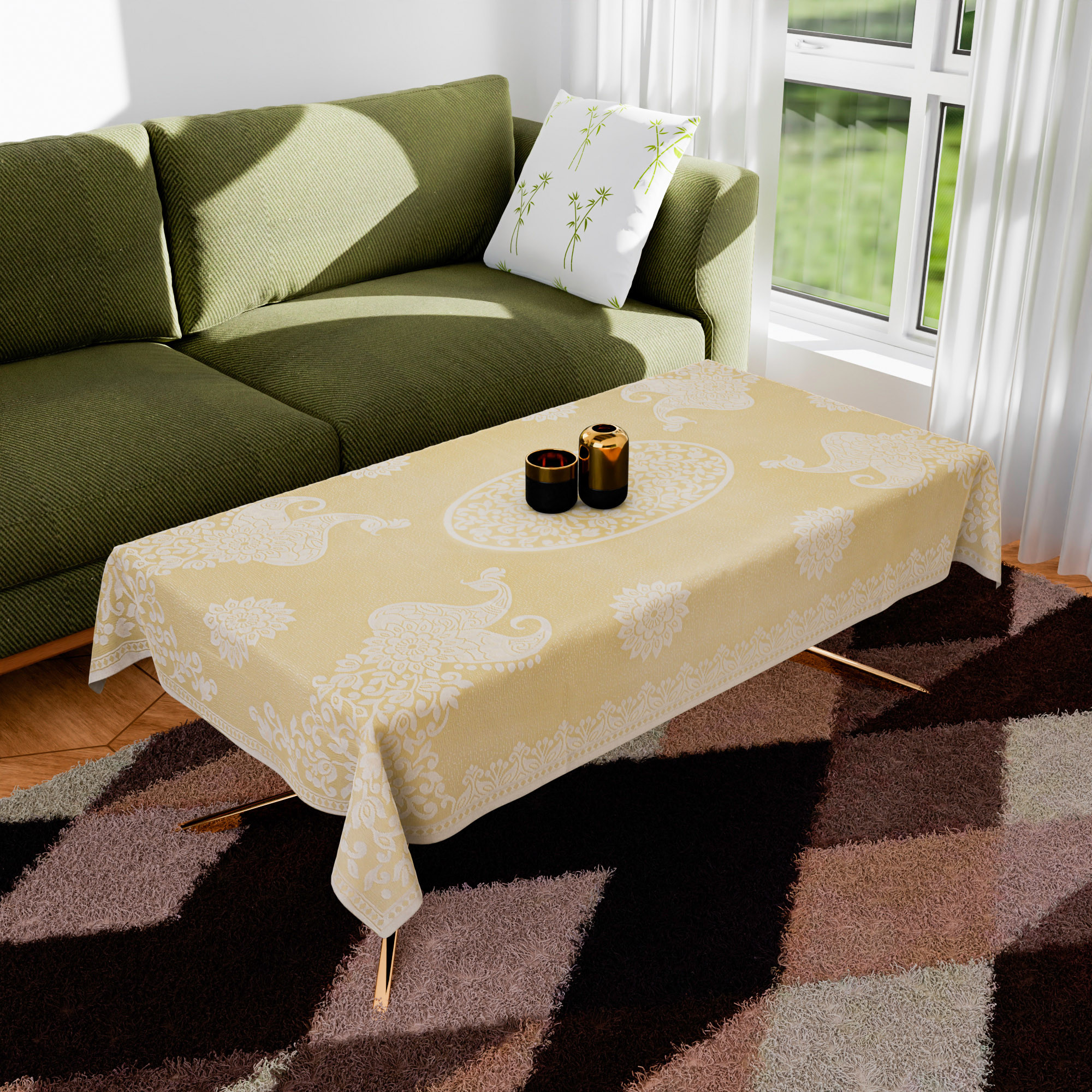 Kuber Industries Center Table Cover | 4-Seater Table Cover | Net Tabletop Cover | Kitchen Table Cloth | Table Protector Cover | Peacock-Design | 40x60 Inch | CTC | Cream