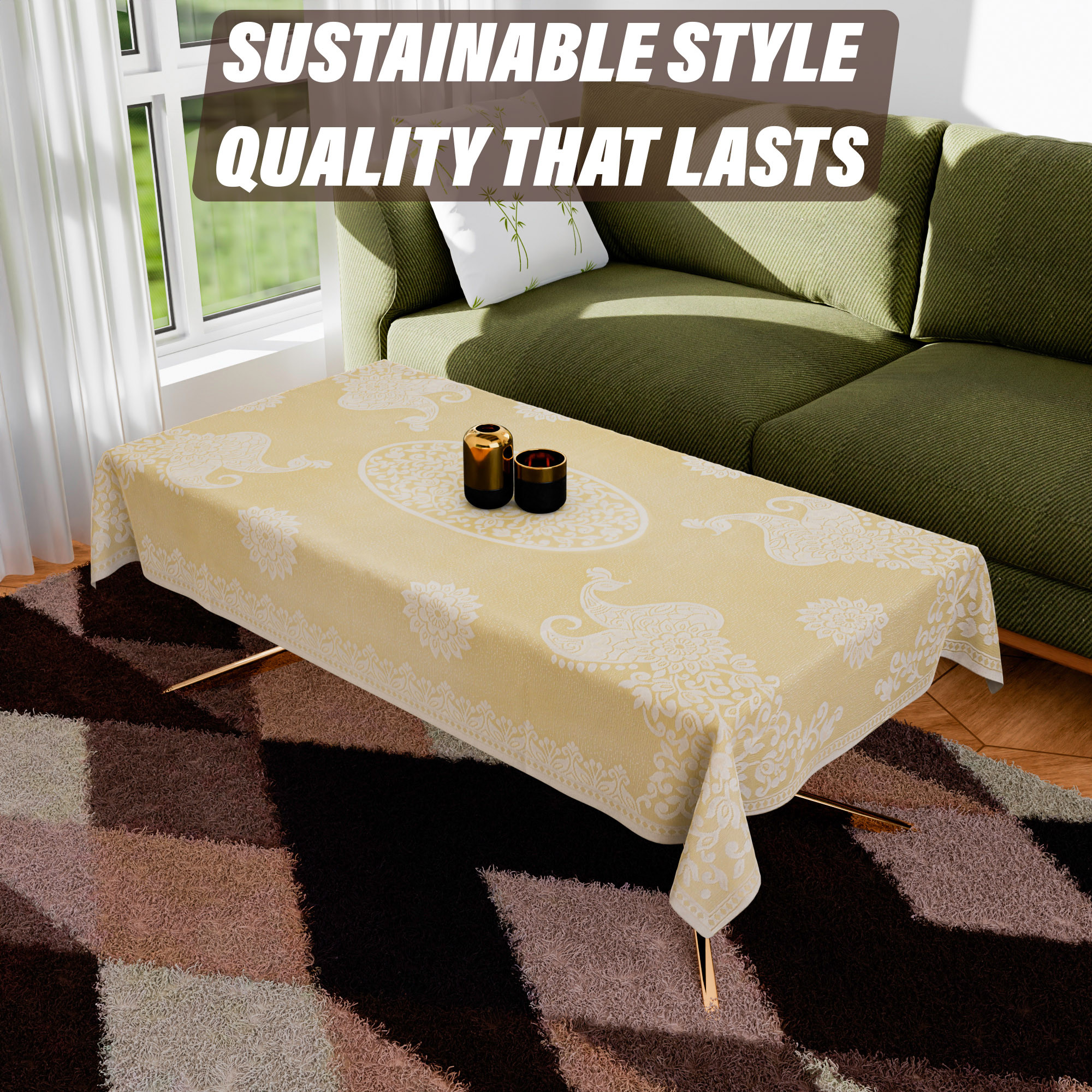 Kuber Industries Center Table Cover | 4-Seater Table Cover | Net Tabletop Cover | Kitchen Table Cloth | Table Protector Cover | Peacock-Design | 40x60 Inch | CTC | Cream
