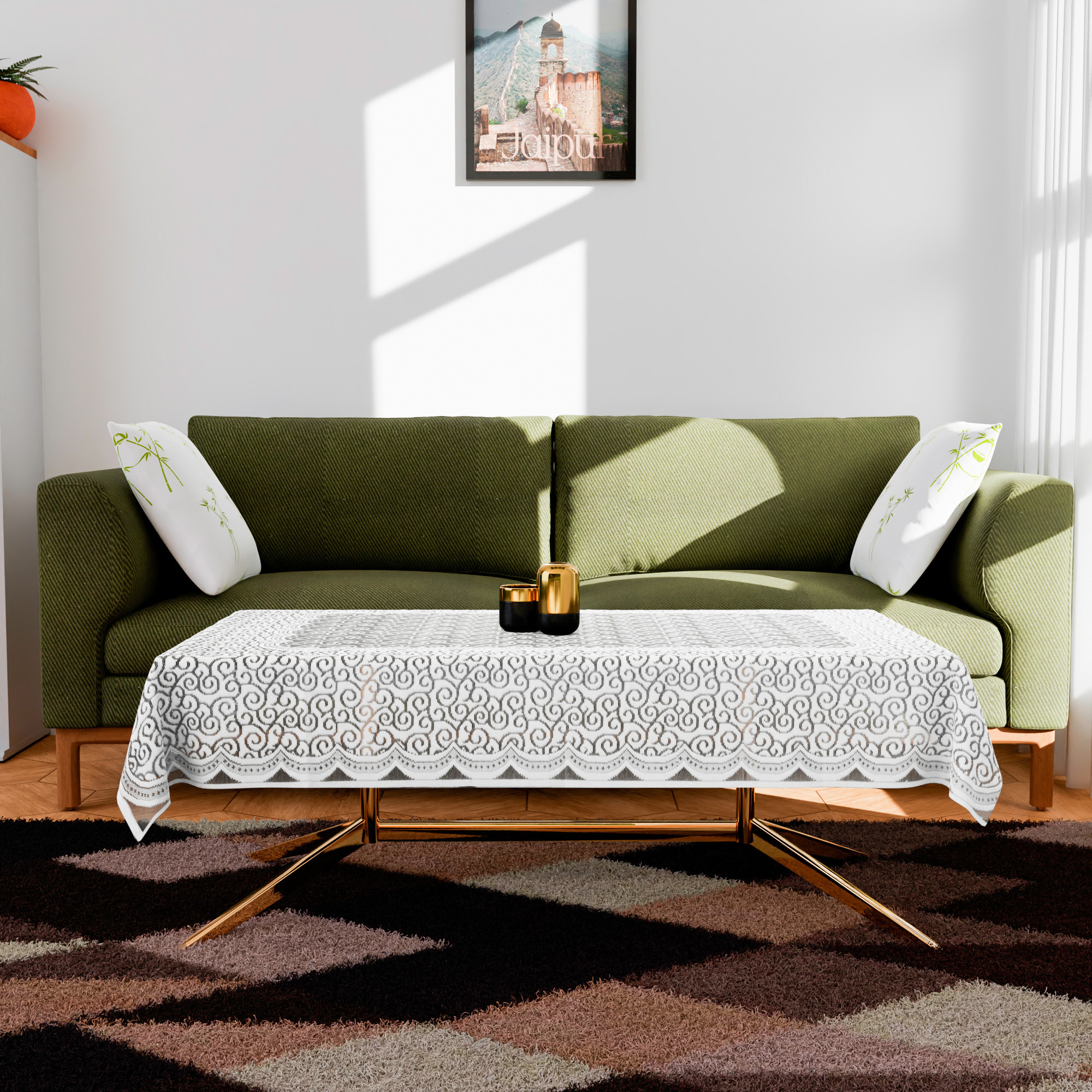 Kuber Industries Center Table Cover  40x60 Inch  4-Seater Tabe Cover  Net Table Cloth Cover  Coffee Table Cover  Table Protector Cover for Kitchen  Zig Zag Print  CTC  White