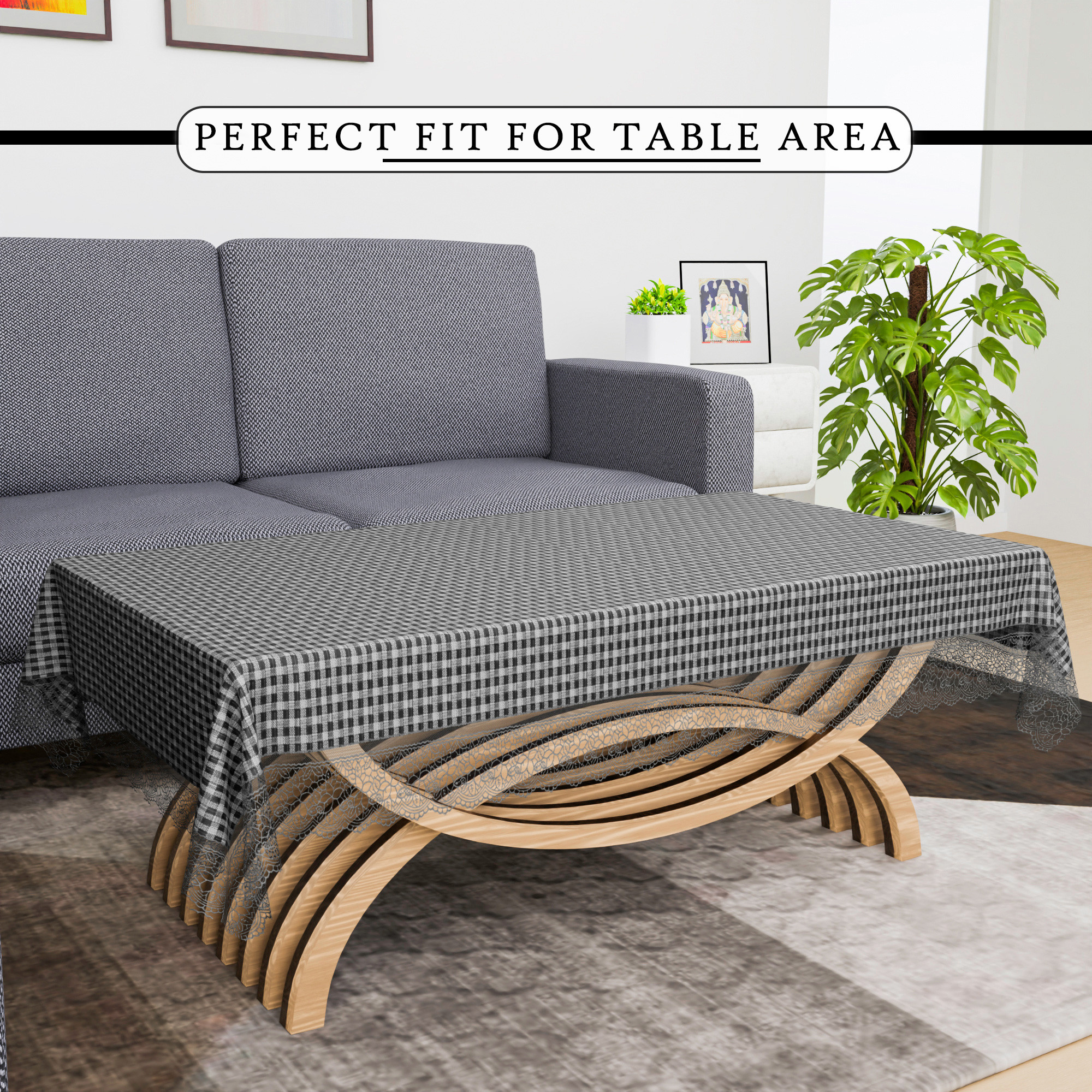 Kuber Industries Center Table Cover  40x60 Inch  Decorative Table Cover  4 Seater Kitchen Table Cloth  Tea Table Cover  Tabletop Cover  PVC Table Cloth  Barik Check  Grey