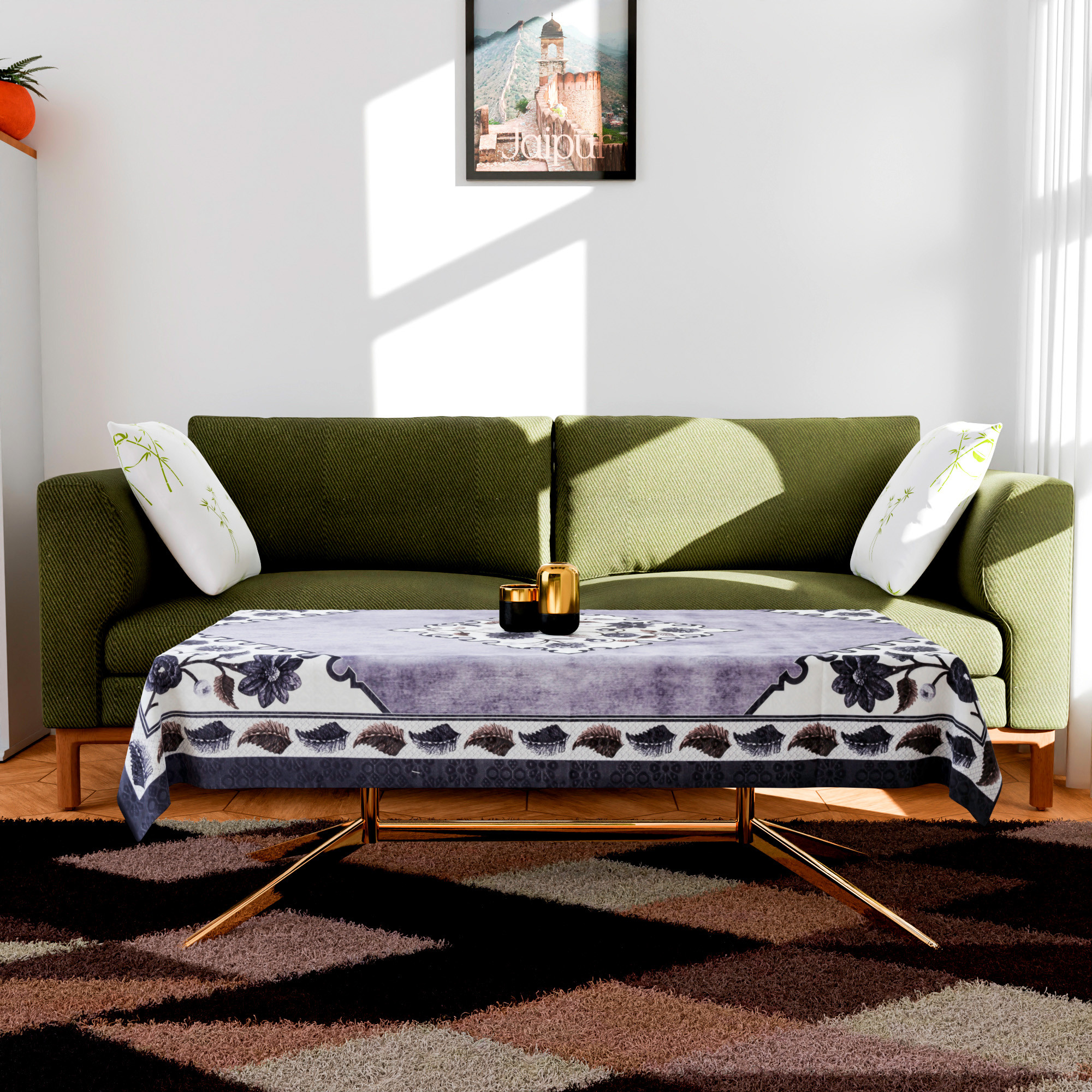 Kuber Industries Center Table Cover  40x60 Inch  Indoor  Outdoor Table Cover  Net 4 Seater Table Cover  Table Protector Cover for Home  Flower Digital Triangle Border Print-753  CTC  Grey