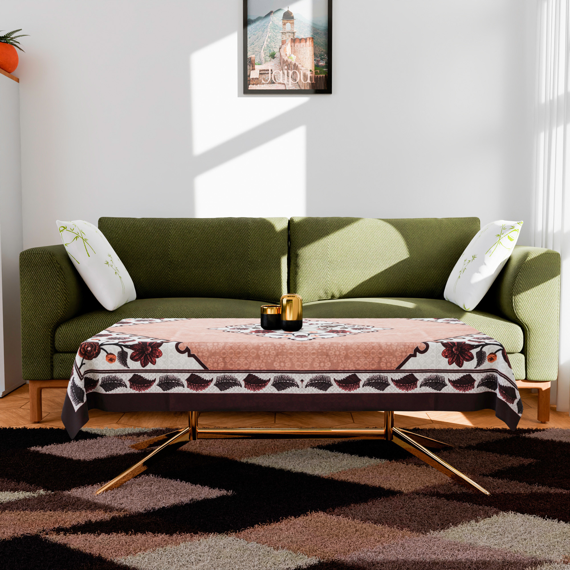 Kuber Industries Center Table Cover  40x60 Inch  Indoor  Outdoor Table Cover  Net 4 Seater Table Cover  Table Protector Cover for Home  Flower Digital Triangle Border Print-753  CTC  Brown