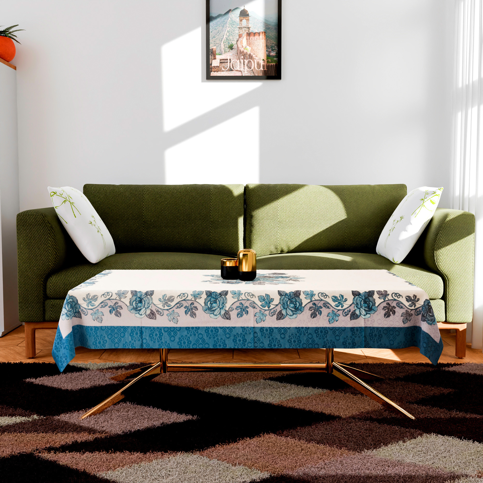 Kuber Industries Center Table Cover  40x60 Inch  Indoor  Outdoor Table Cover  Net 4 Seater Table Cover  Table Protector Cover for Home  Rose Digital Embroidery Print-640  CTC  Blue