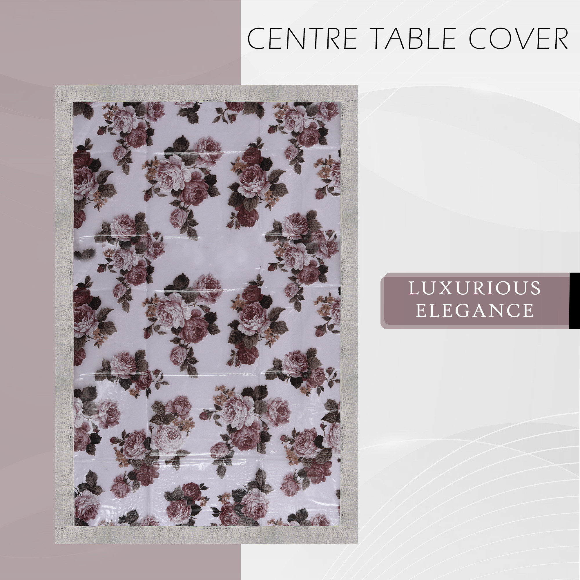 Kuber Industries Center Table Cover  40x60 Inch  PVC Table Cloth  Decorative Table Cover  Tea Table Cover  4 Seater Kitchen Table Cloth  Brown Flower Cream Lace  Transparent